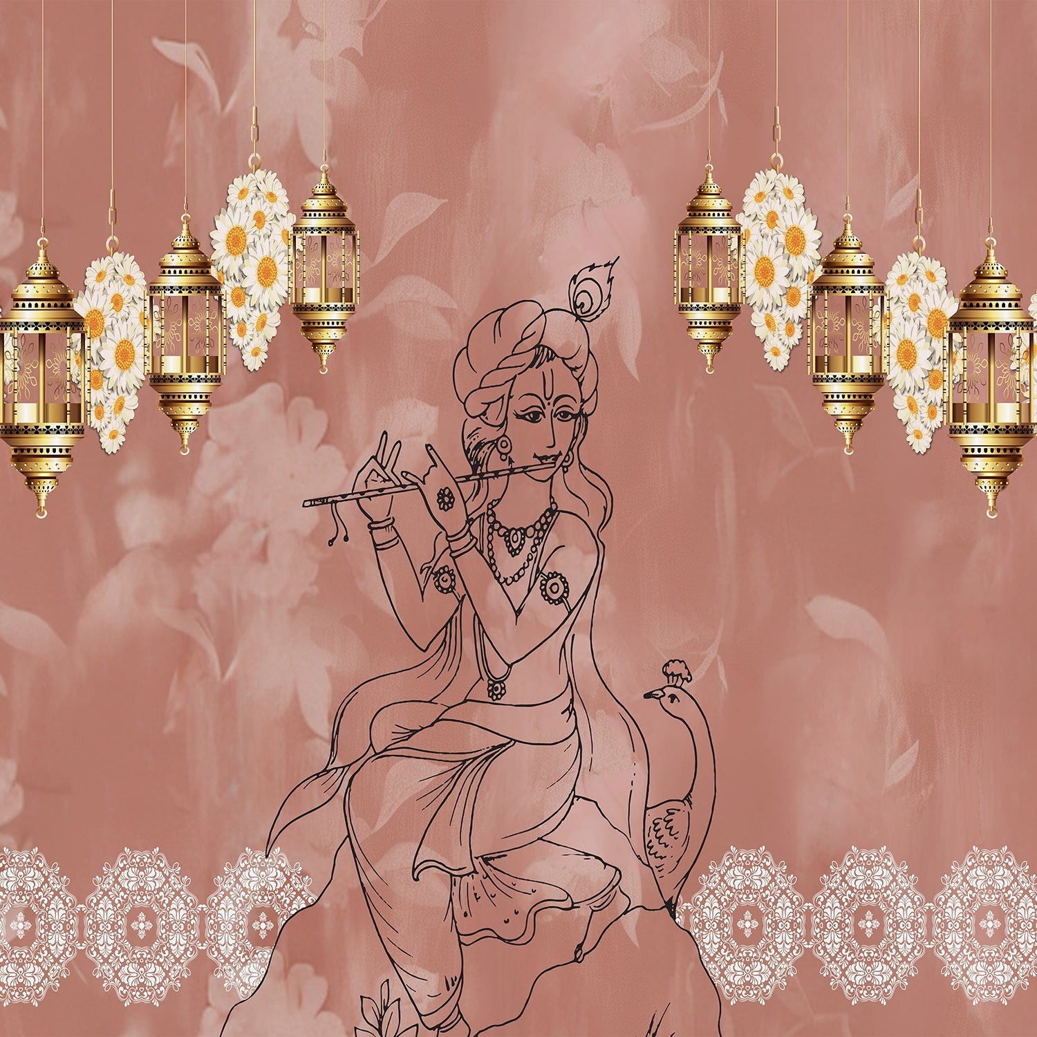 Traditional Indian spiritual art with hanging lanterns and lotus motifs on golden background - view 15 - final