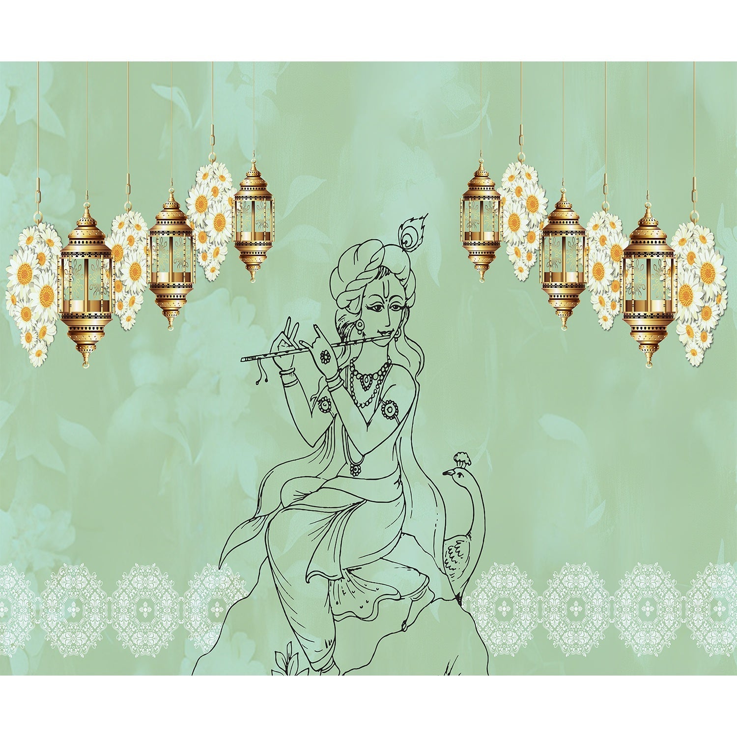 "Golden Radiance Krishna mural design in lea - religion wallpaper mural-equal final"