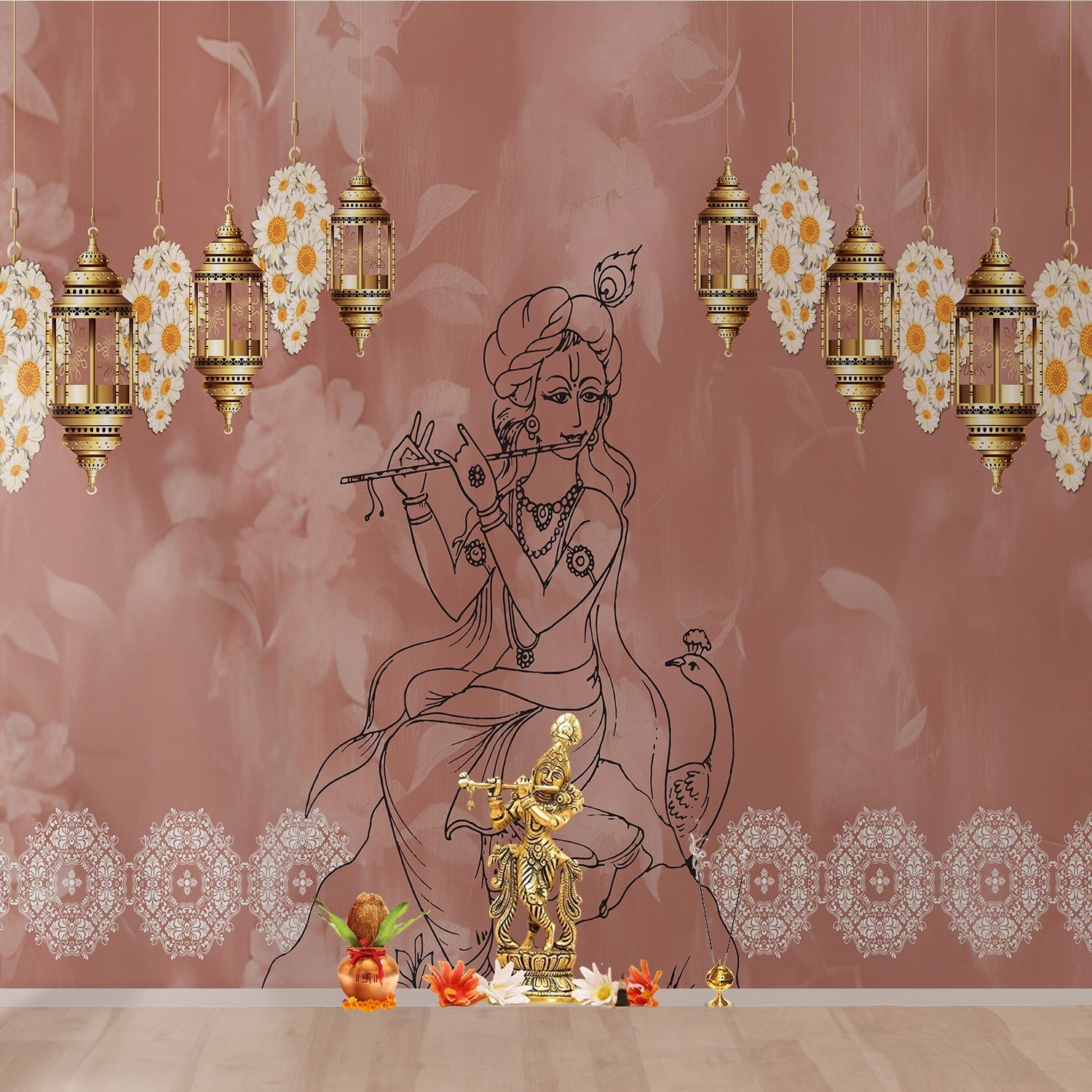 Traditional Indian spiritual art with hanging lanterns and lotus motifs on golden background - view 17 - final