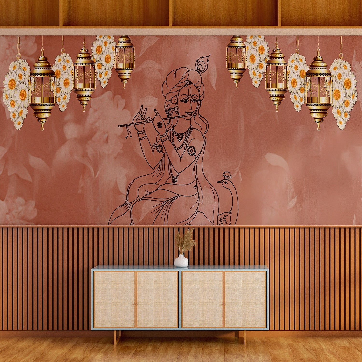 Traditional Indian spiritual art with hanging lanterns and lotus motifs on golden background - view 18 - final