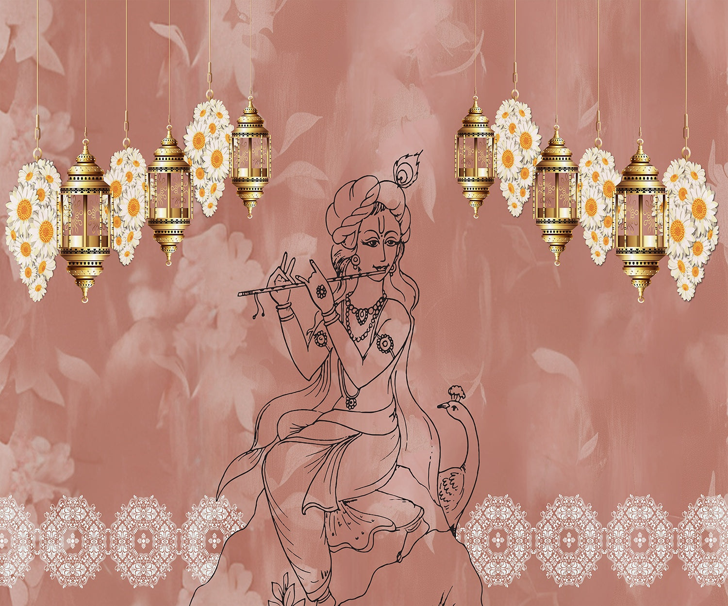 "Golden Radiance Krishna religious mural in lea - religion wallpaper mural-inequal final"