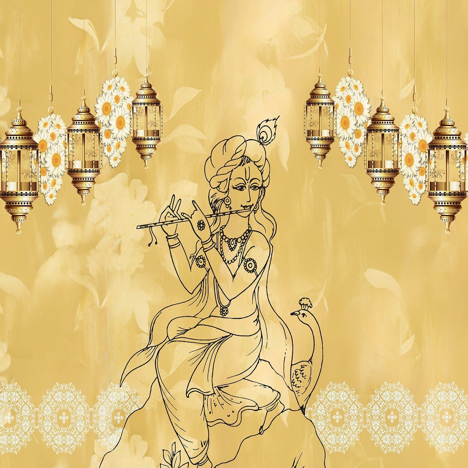 Traditional Indian spiritual art with hanging lanterns and lotus motifs on golden background - view 2 - final