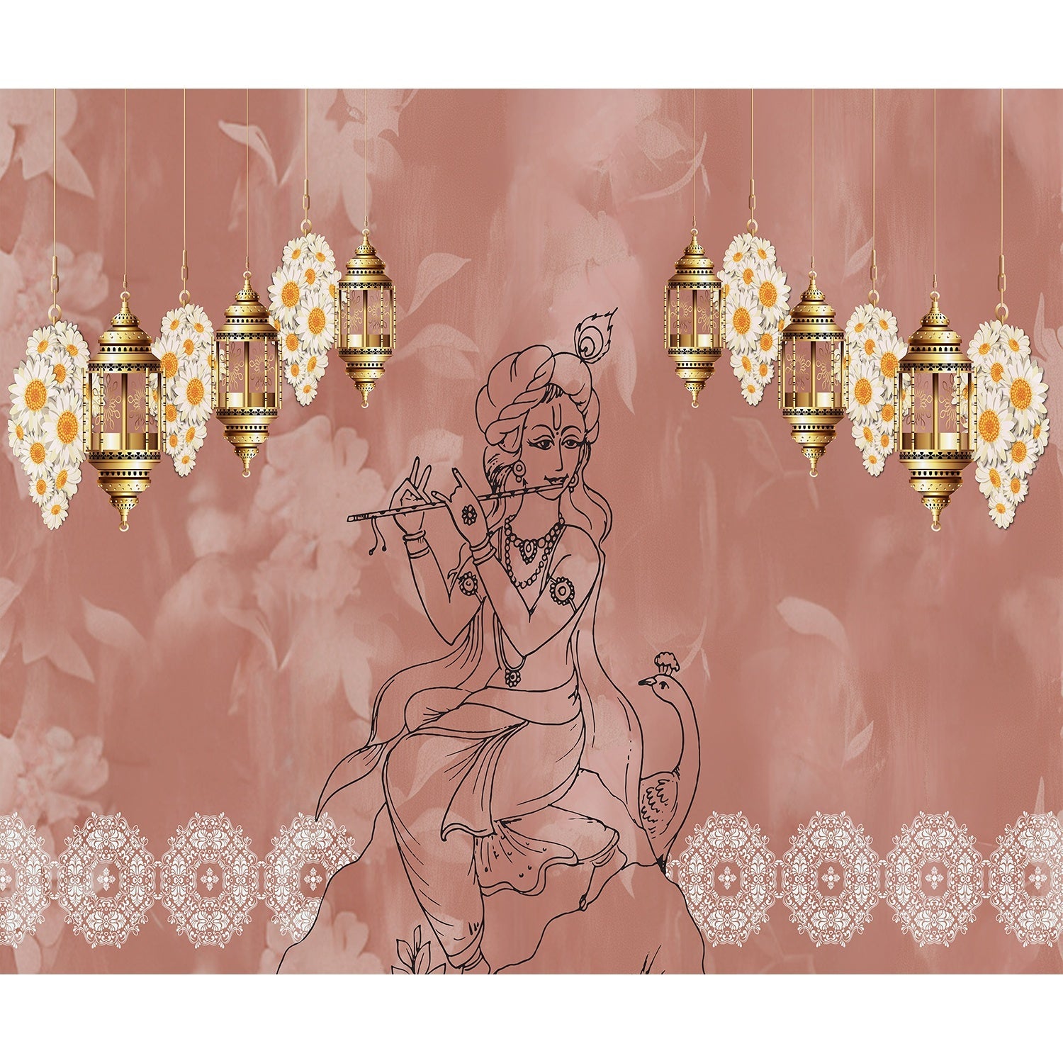 "Golden Radiance Krishna mural design in lea - religion wallpaper mural-equal final"