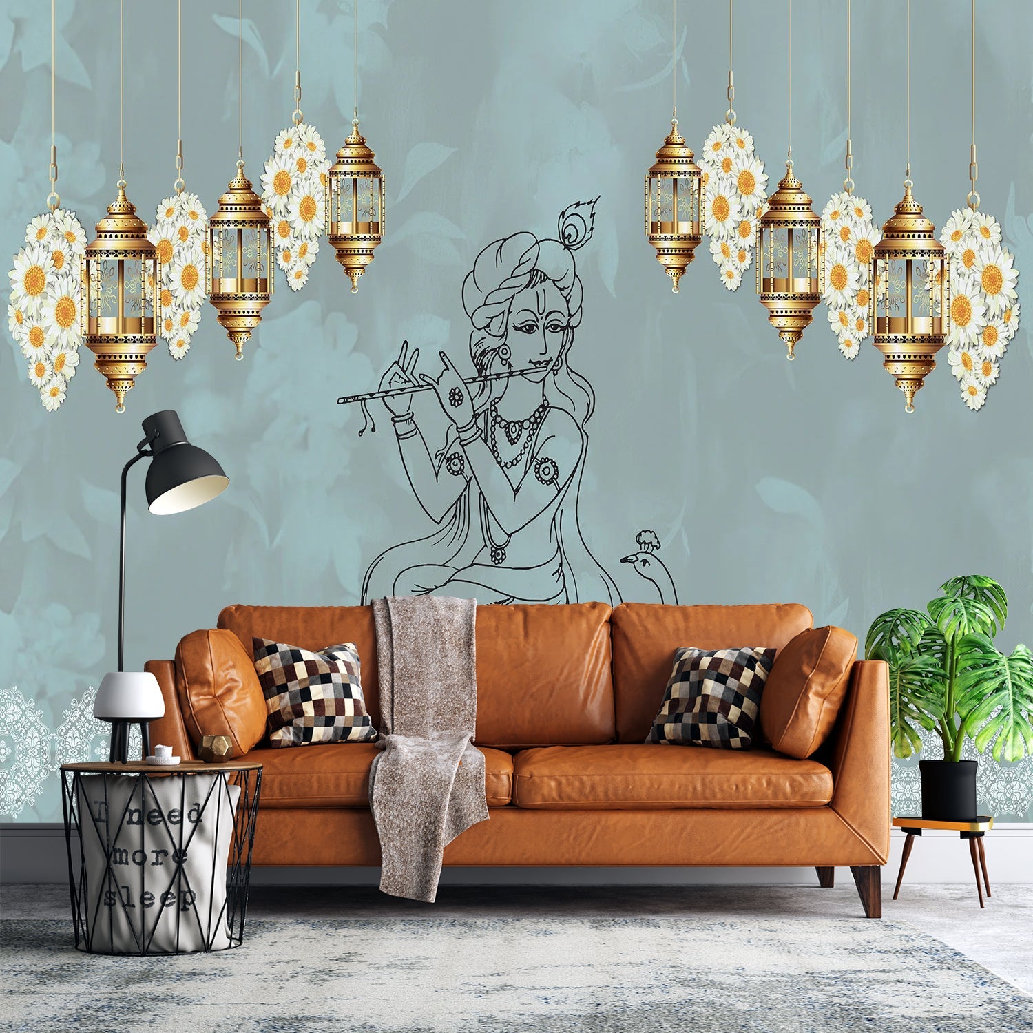 Traditional Indian spiritual art with hanging lanterns and lotus motifs on golden background - view 21 - final