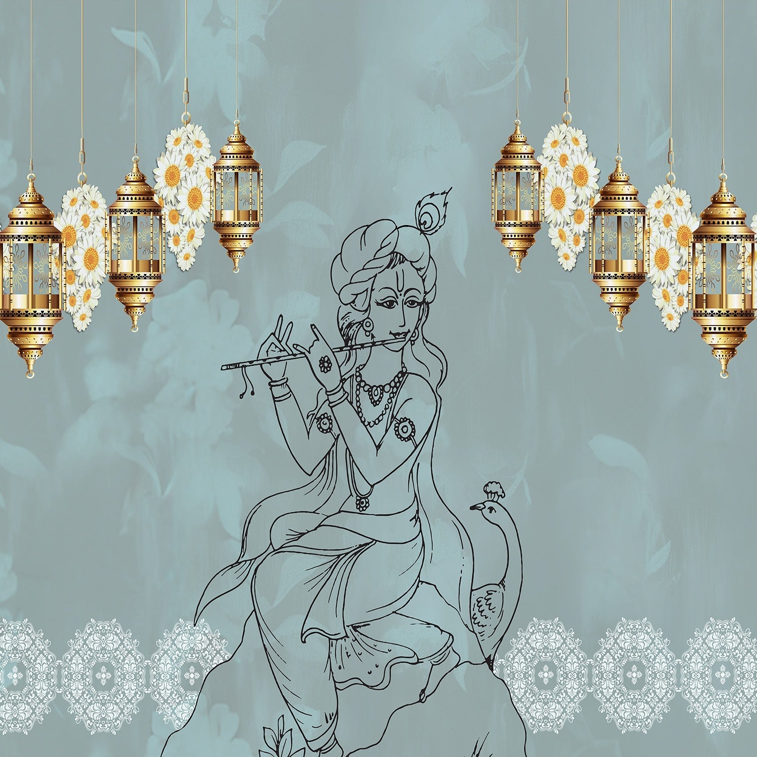 Traditional Indian spiritual art with hanging lanterns and lotus motifs on golden background - view 22 - final