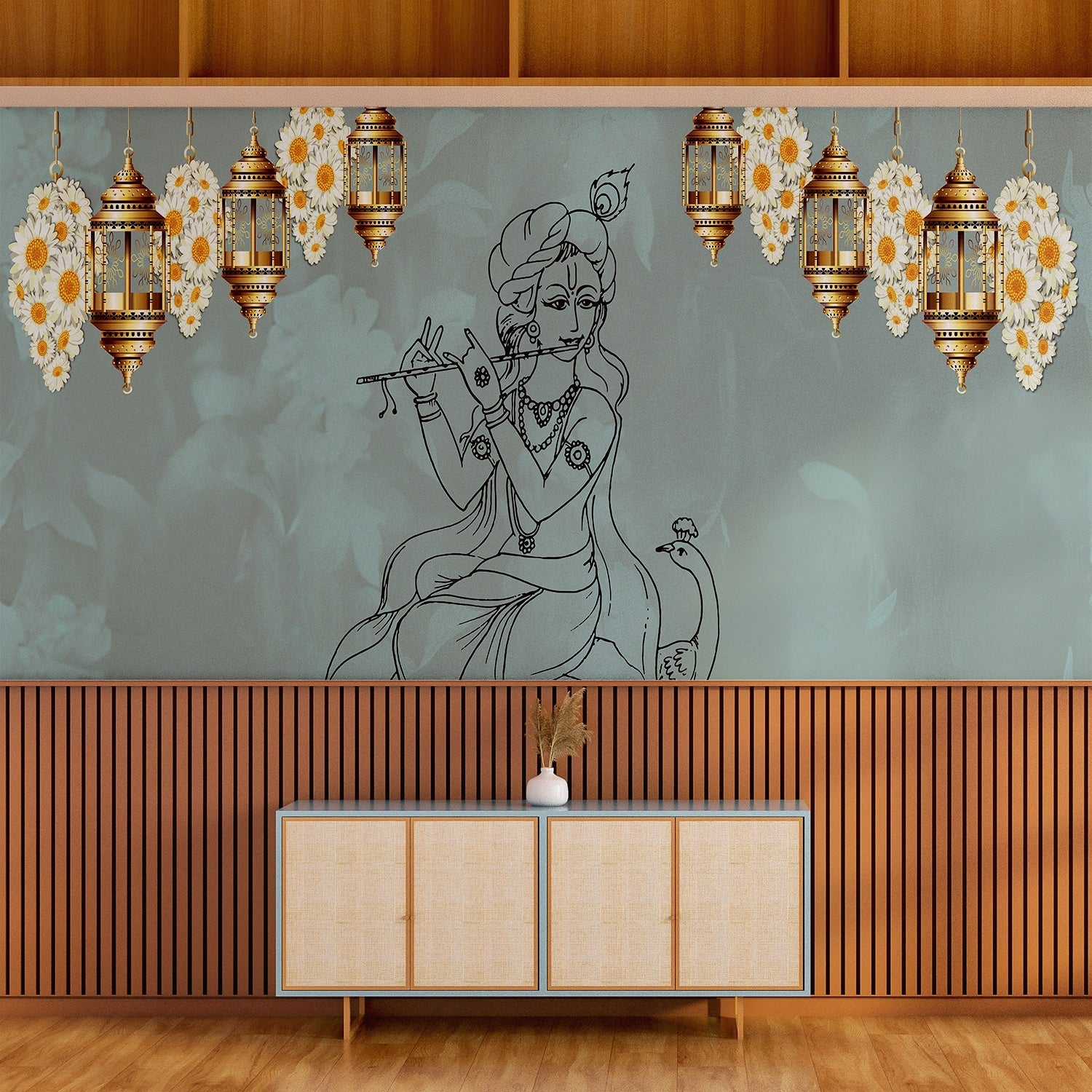 Traditional Indian spiritual art with hanging lanterns and lotus motifs on golden background - view 24 - final