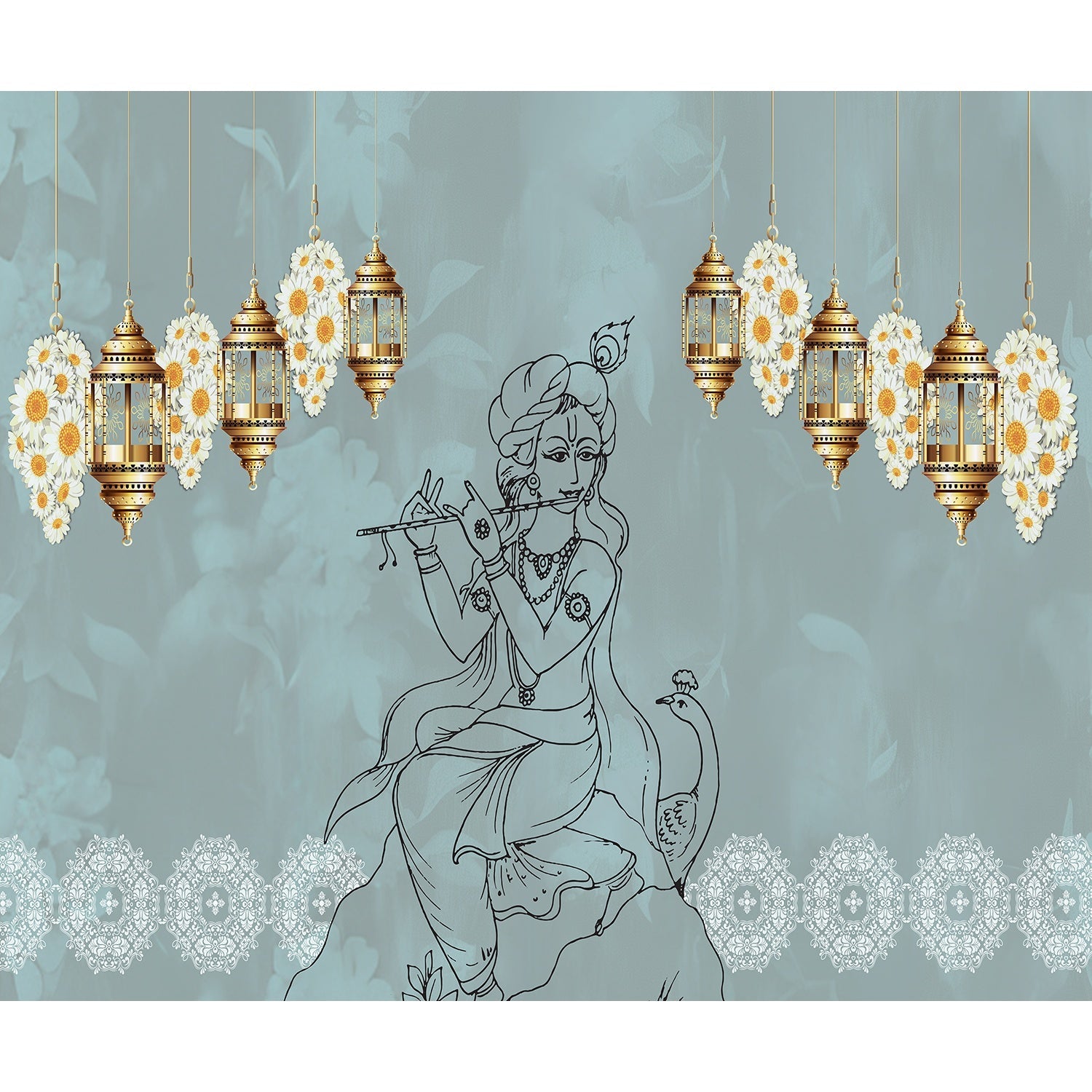 "Golden Radiance Krishna mural design in lea - religion wallpaper mural-equal final"