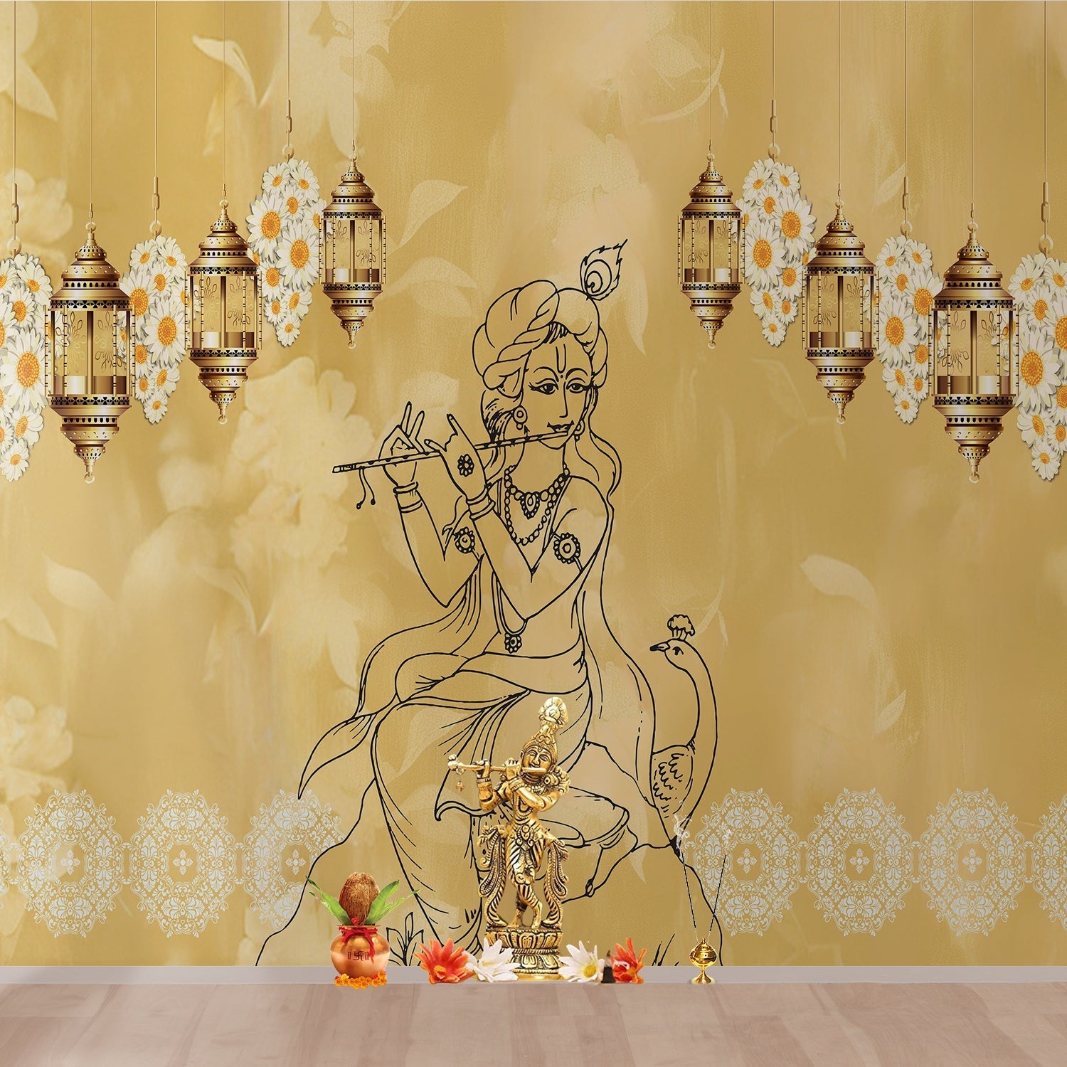 Traditional Indian spiritual art with hanging lanterns and lotus motifs on golden background - view 3 - final pooja-room