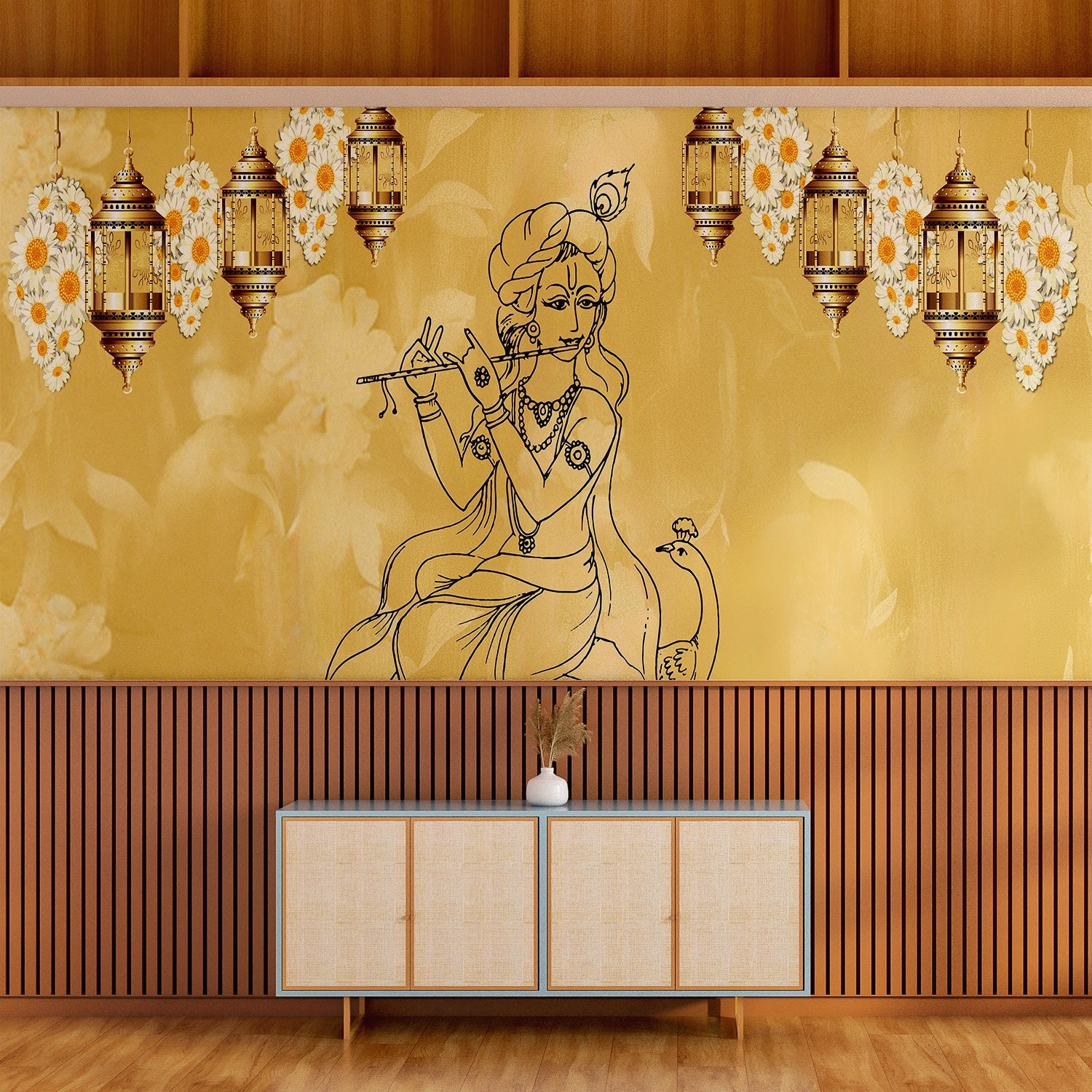 Traditional Indian spiritual art with hanging lanterns and lotus motifs on golden background - view 4 - final pooja-room