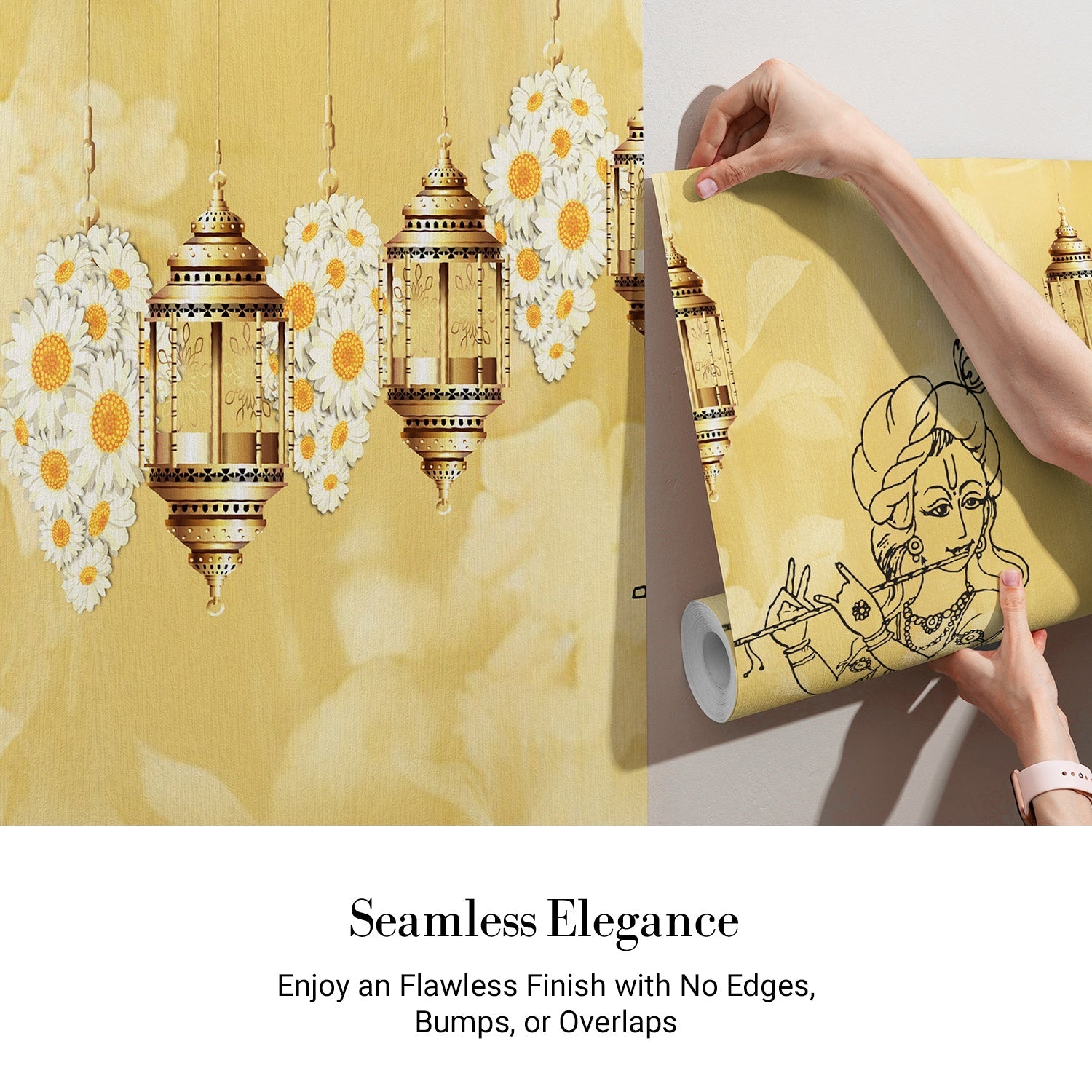 Traditional Indian spiritual art with hanging lanterns and lotus motifs on golden background - view 5 - final