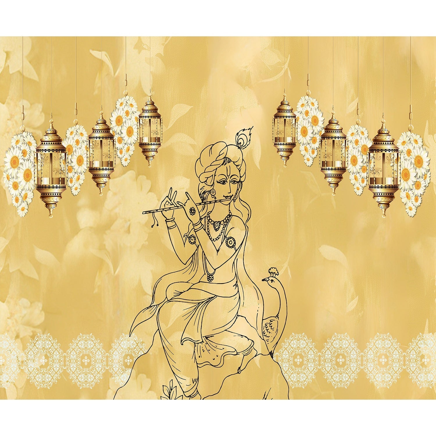 "Golden Radiance Krishna mural design in lea - religion wallpaper mural-equal final"