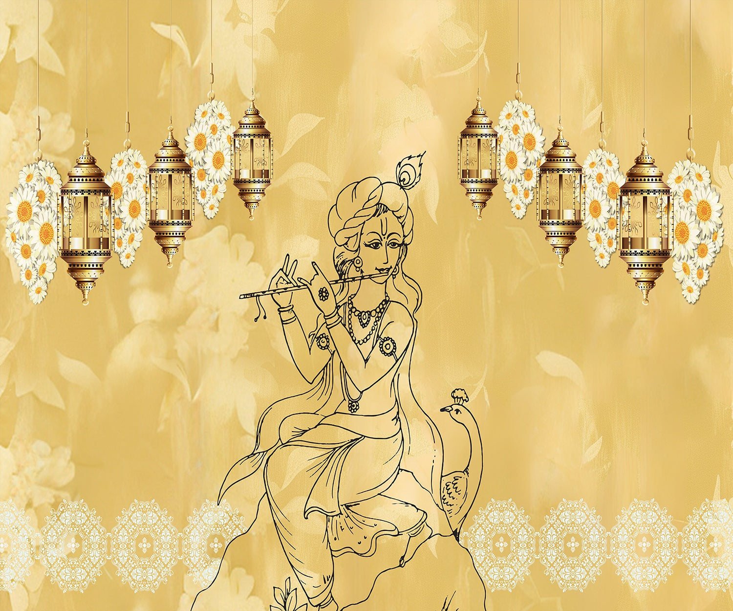 "Golden Radiance Krishna religious mural in lea - religion wallpaper mural-inequal final"
