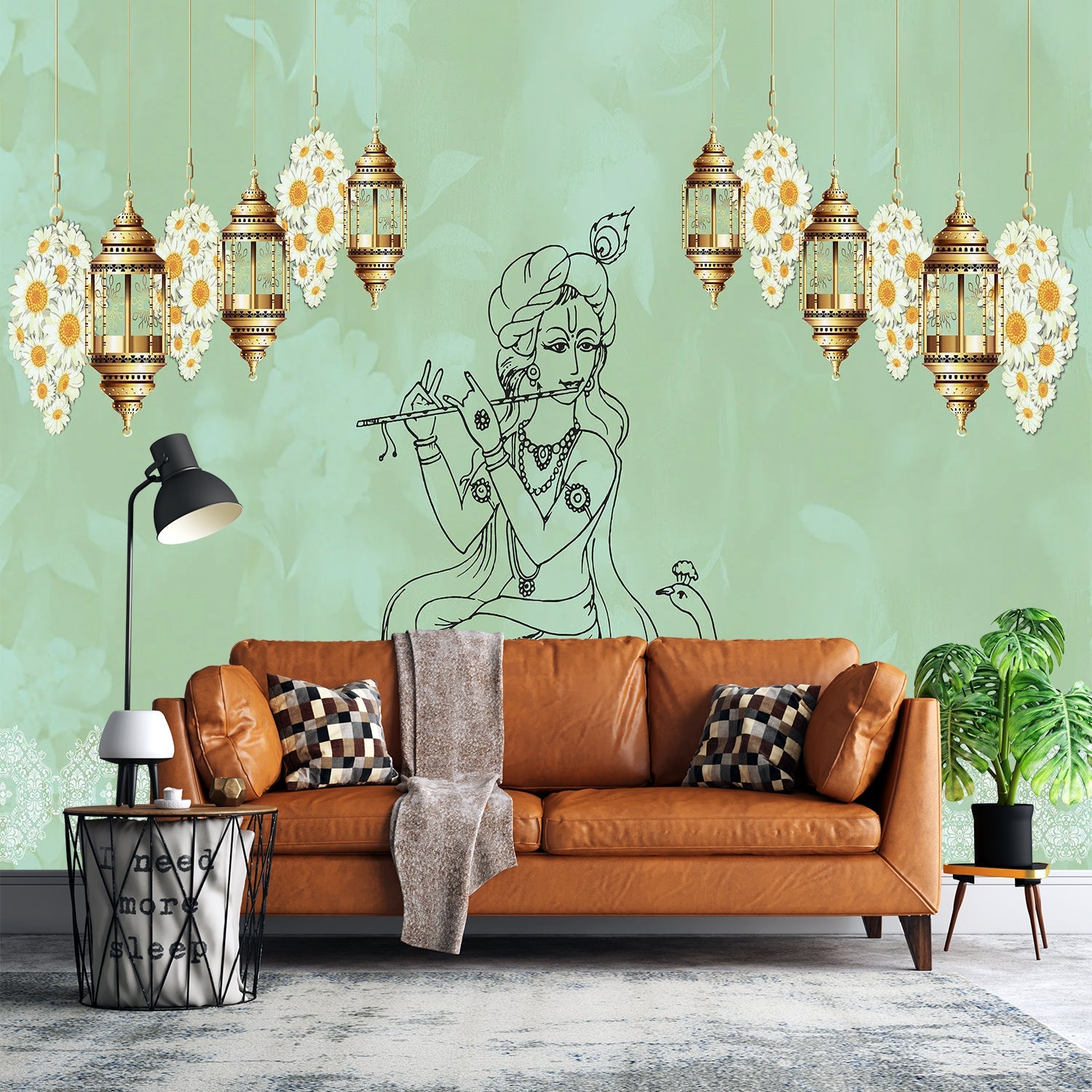 Traditional Indian spiritual art with hanging lanterns and lotus motifs on golden background - view 9 - final
