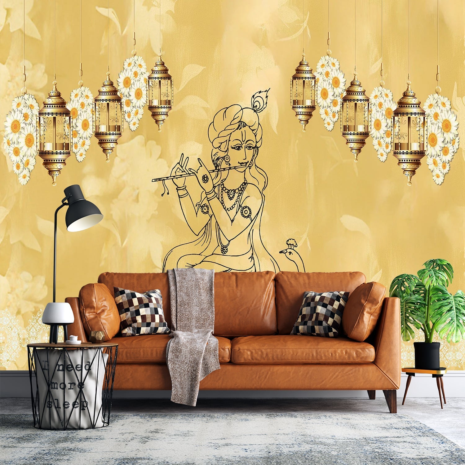 Traditional Indian spiritual art with hanging lanterns and lotus motifs on golden background - final living-room