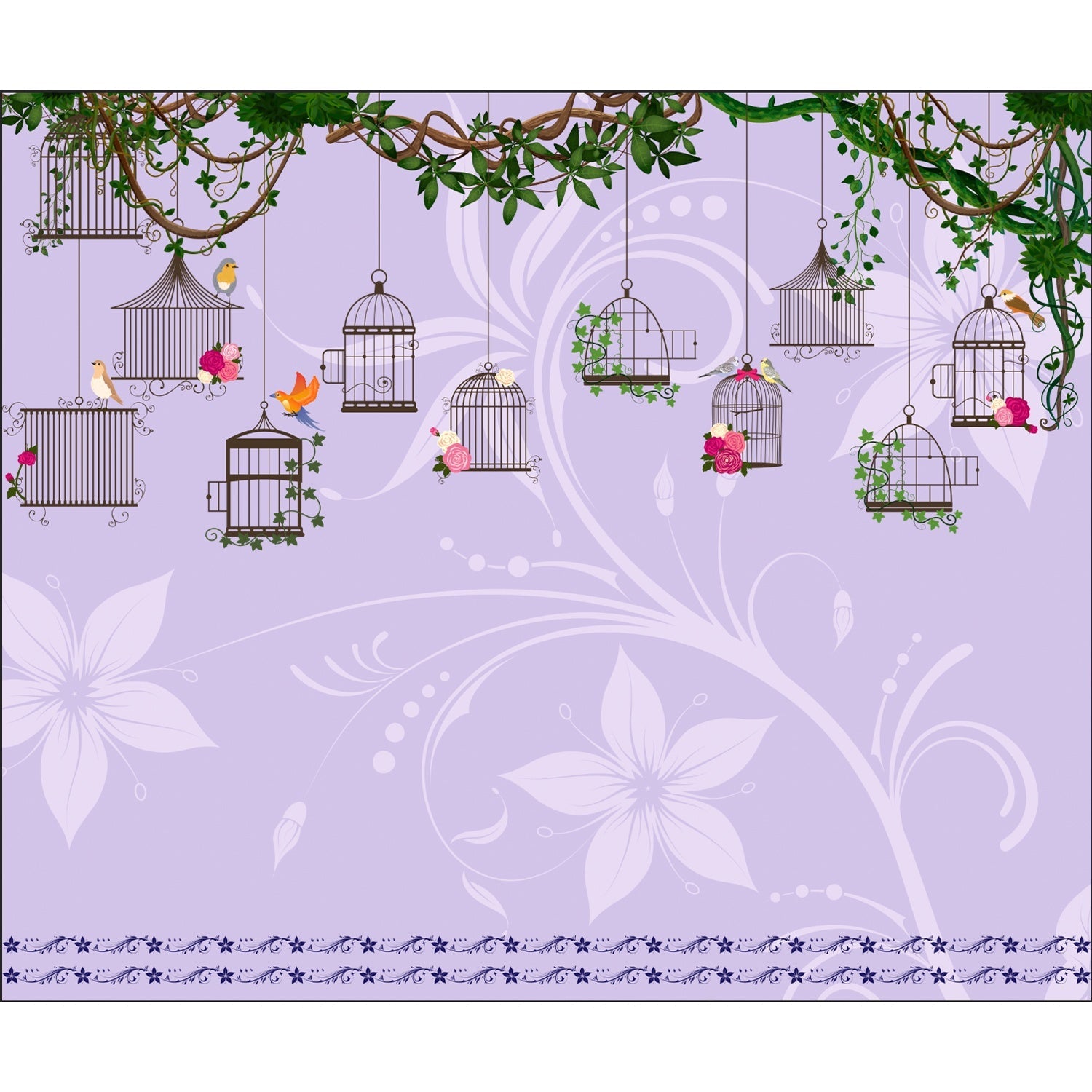 "Whimsical birdcage and floral design in lea - "hotels and cafes" wallpaper mural-equal final"