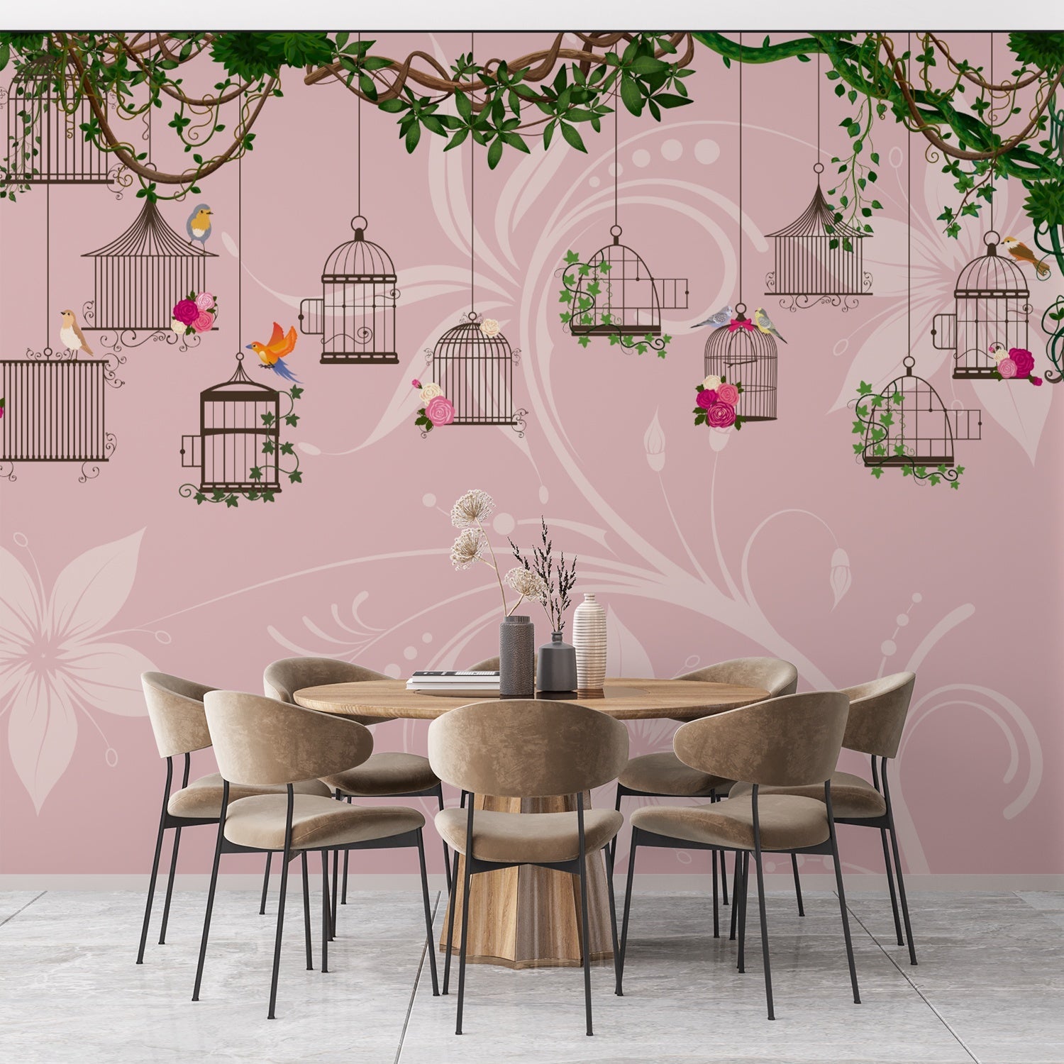 Vintage birdcages with colorful birds and climbing vines on beige botanical background - view 11 - final