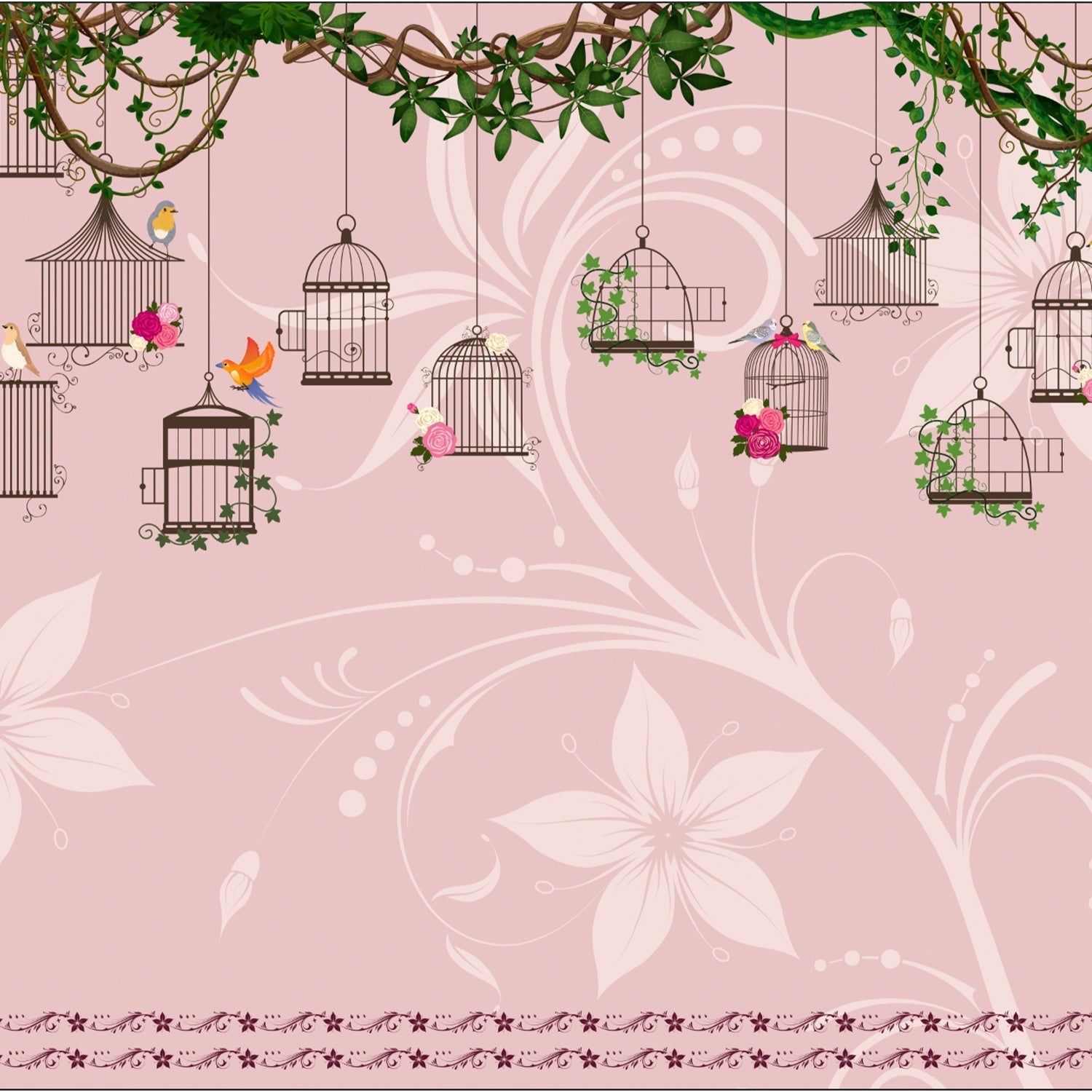 Vintage birdcages with colorful birds and climbing vines on beige botanical background - view 12 - final