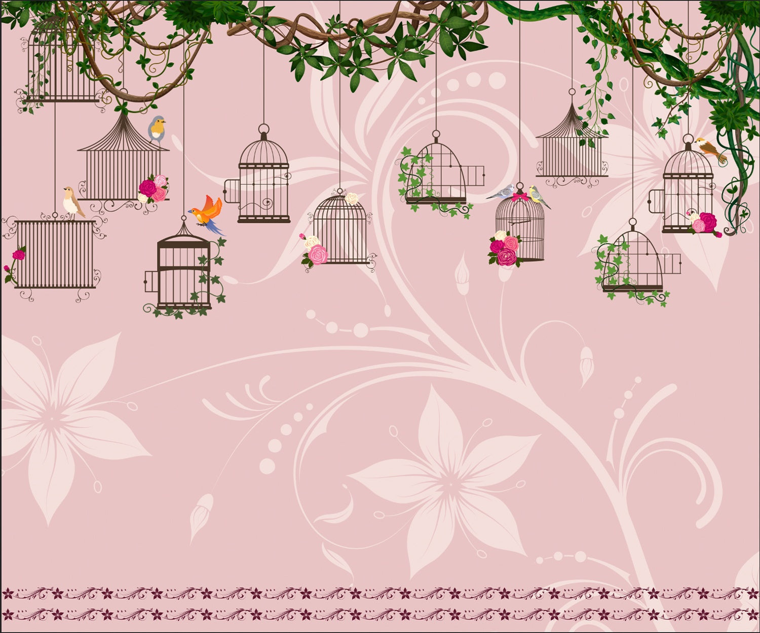 "Enchanted garden birdcage design in lea - "hotels and cafes" wallpaper mural-inequal final"