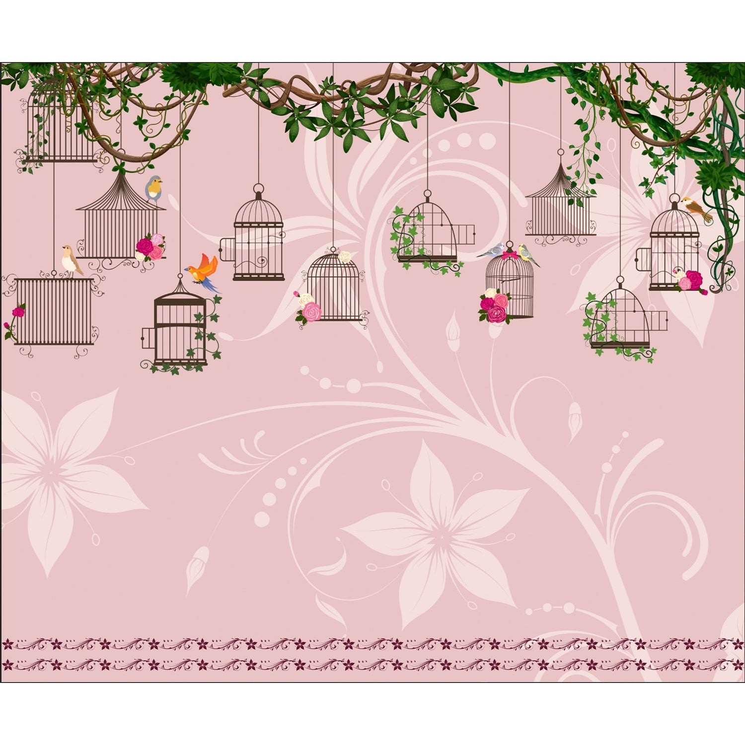 "Whimsical birdcage and floral design in lea - "hotels and cafes" wallpaper mural-equal final"