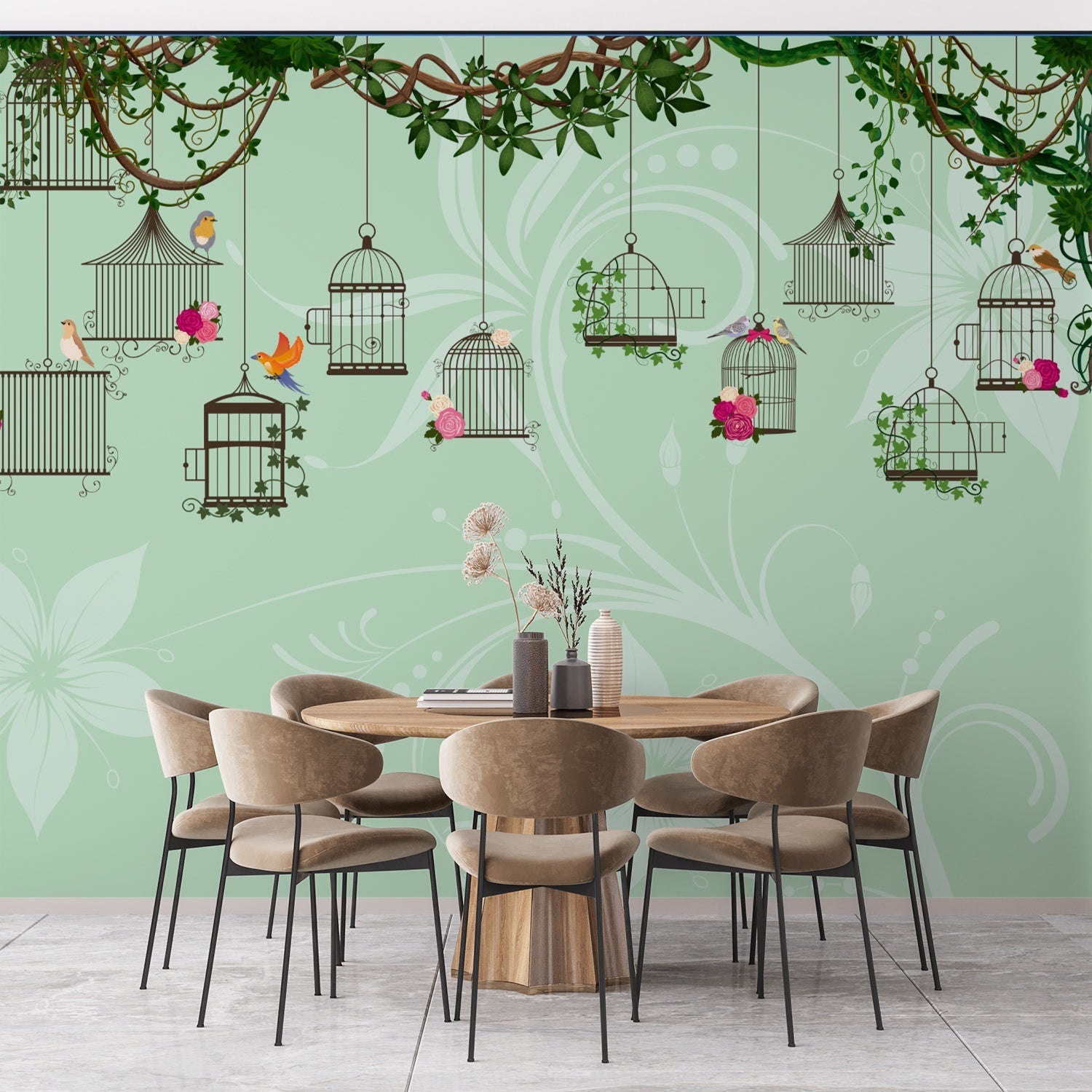 Vintage birdcages with colorful birds and climbing vines on beige botanical background - view 15 - final