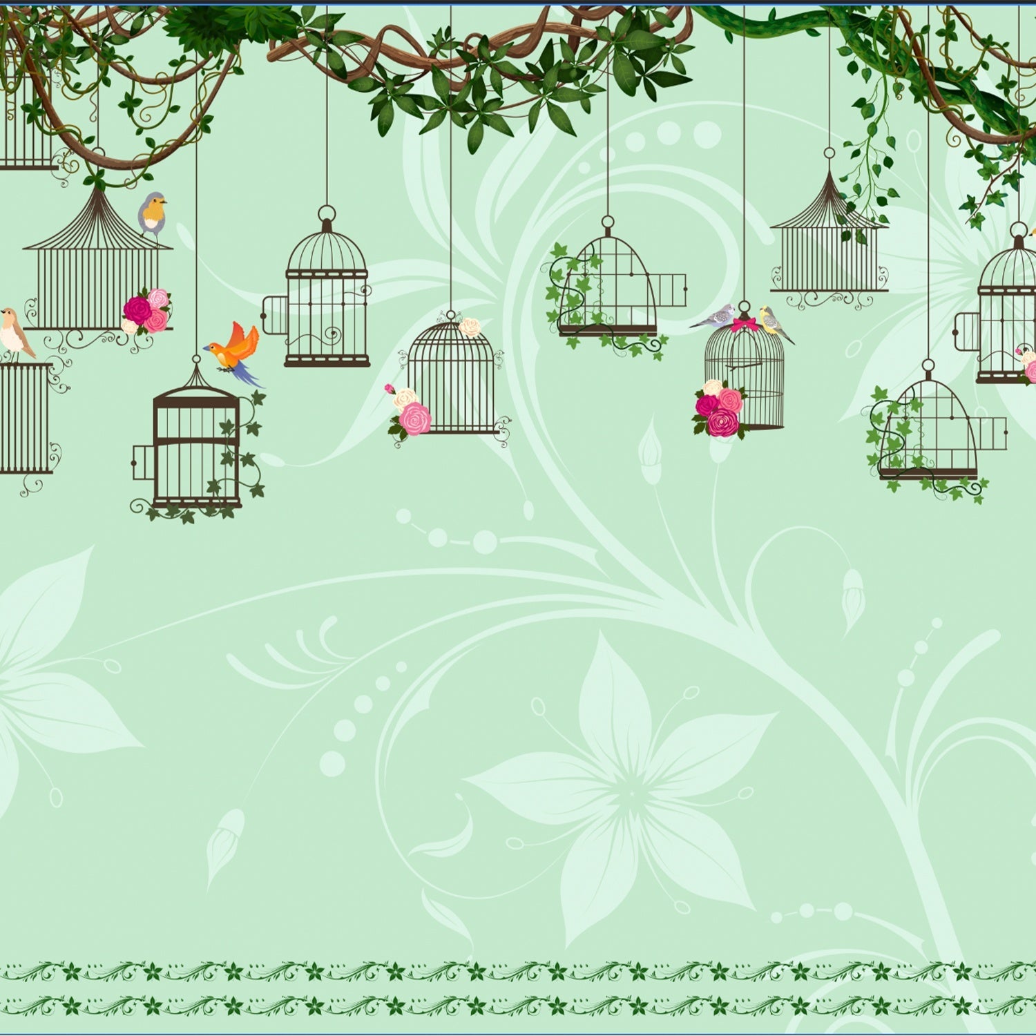Vintage birdcages with colorful birds and climbing vines on beige botanical background - view 16 - final