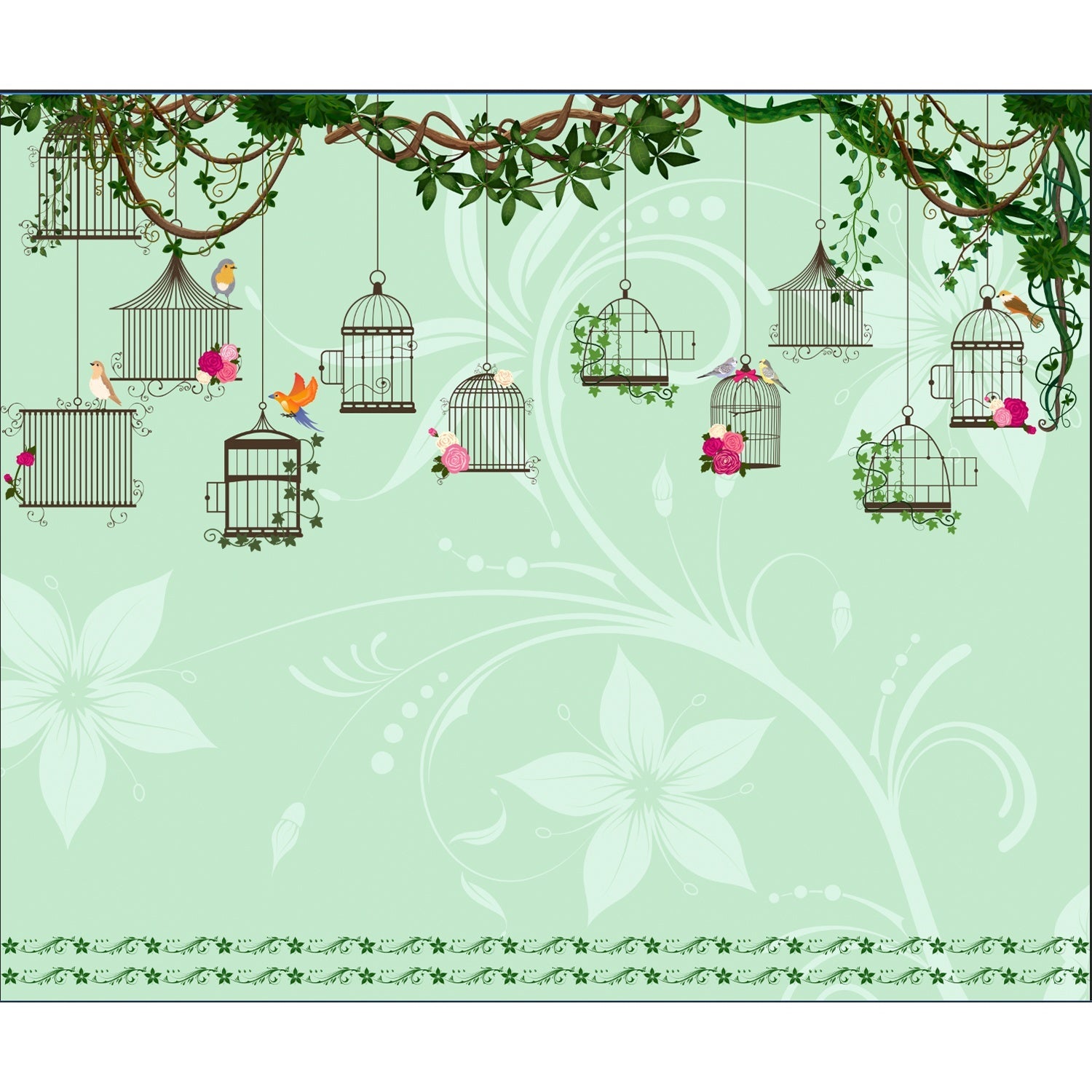 "Whimsical birdcage and floral design in lea - "hotels and cafes" wallpaper mural-equal final"