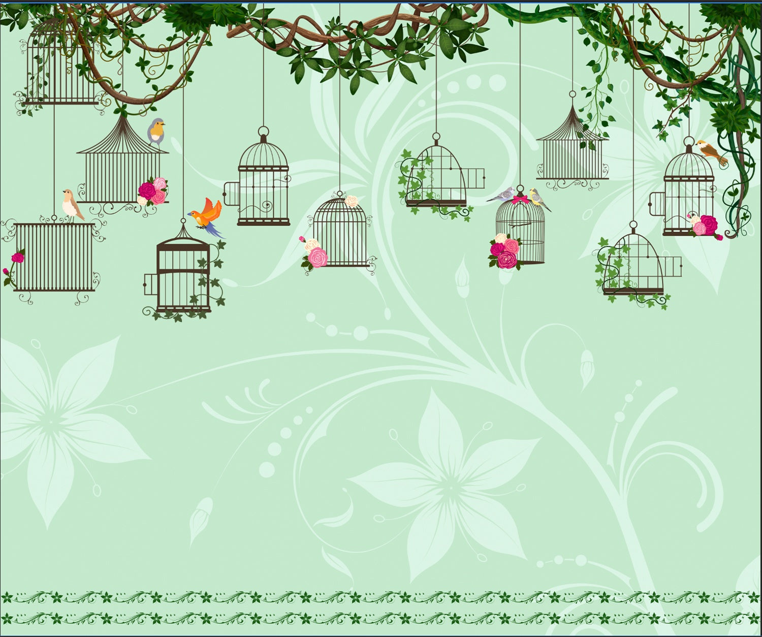 "Enchanted garden birdcage design in lea - "hotels and cafes" wallpaper mural-inequal final"