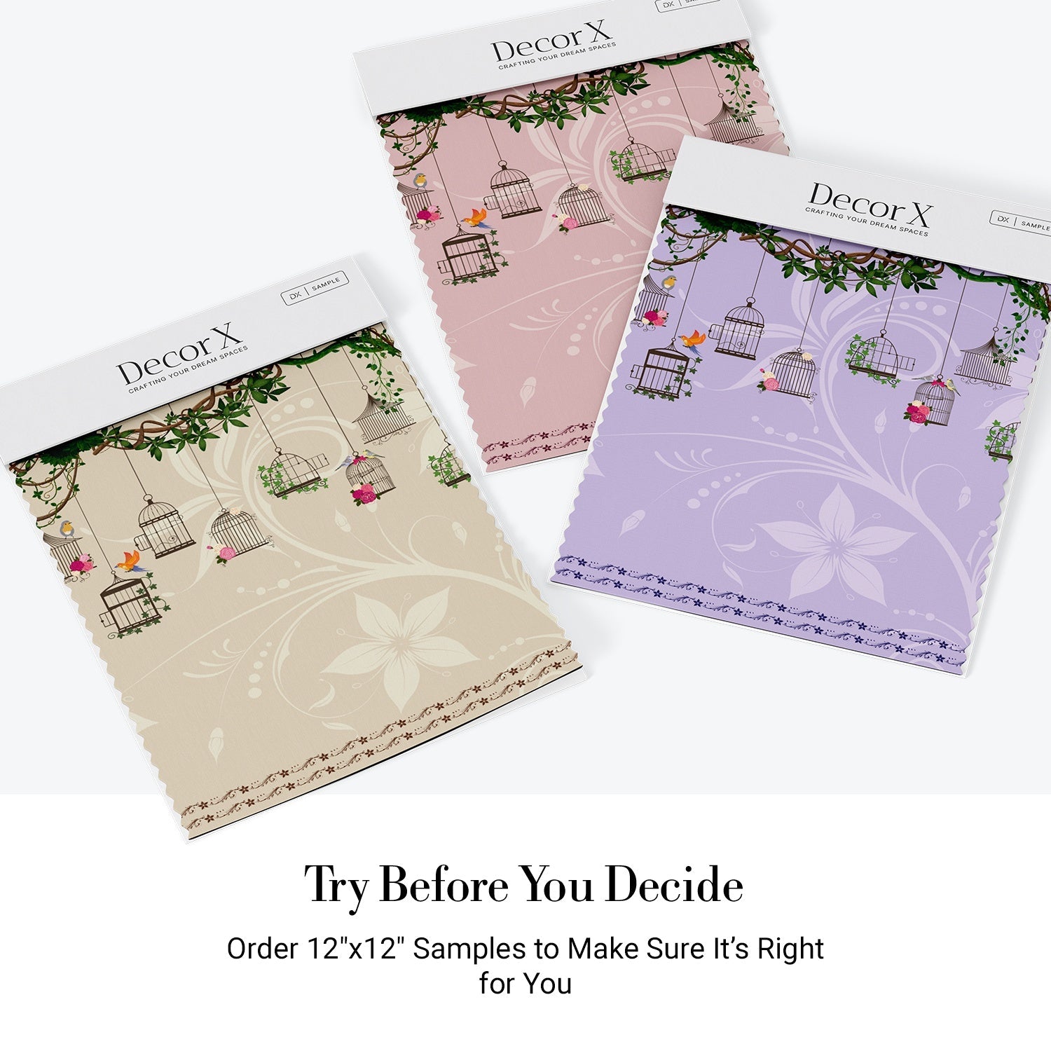 Vintage birdcages with colorful birds and climbing vines on beige botanical background - view 19 - final all-groups samples