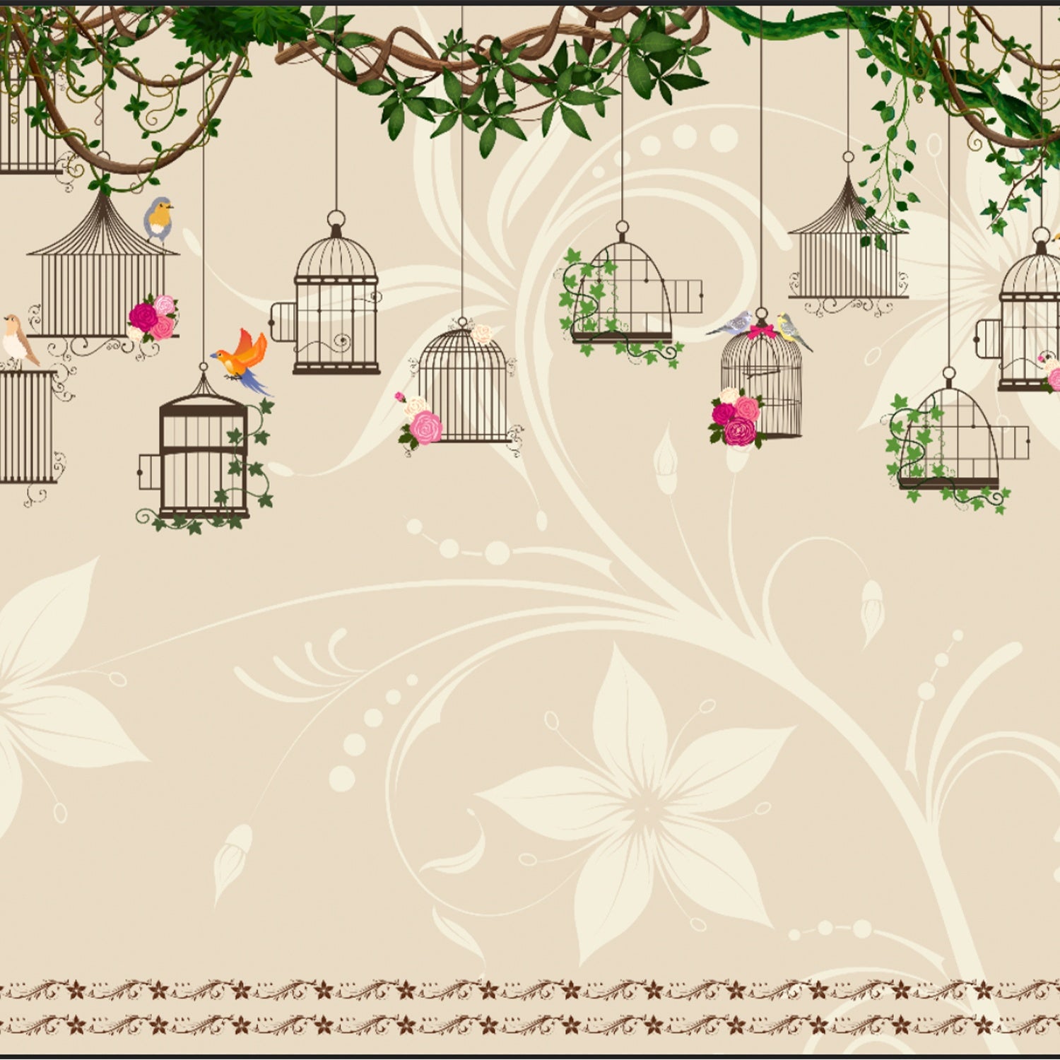 Vintage birdcages with colorful birds and climbing vines on beige botanical background - view 2 - final
