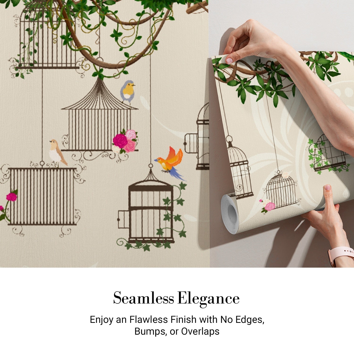 Vintage birdcages with colorful birds and climbing vines on beige botanical background - view 3 - final