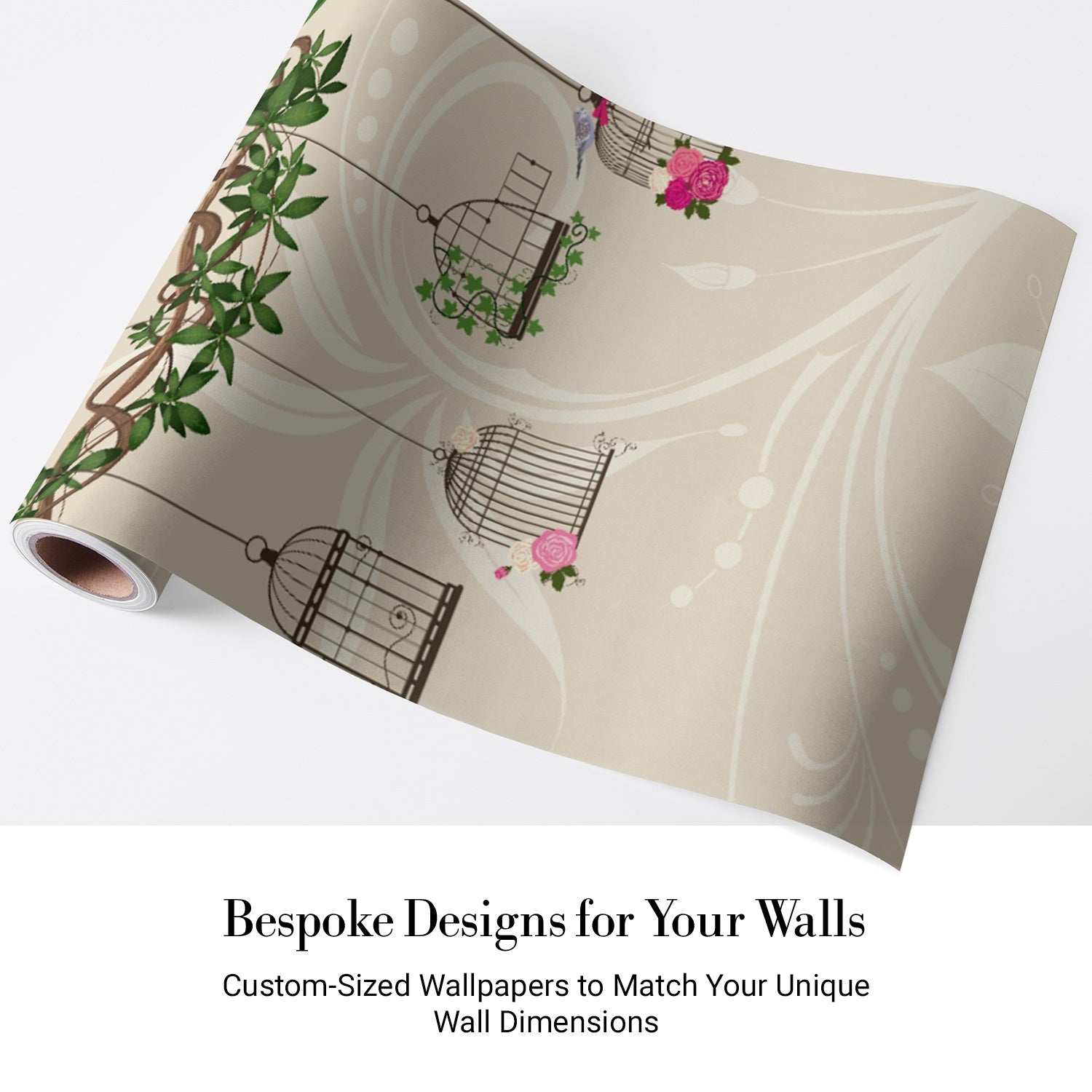 Vintage birdcages with colorful birds and climbing vines on beige botanical background - view 4 - final