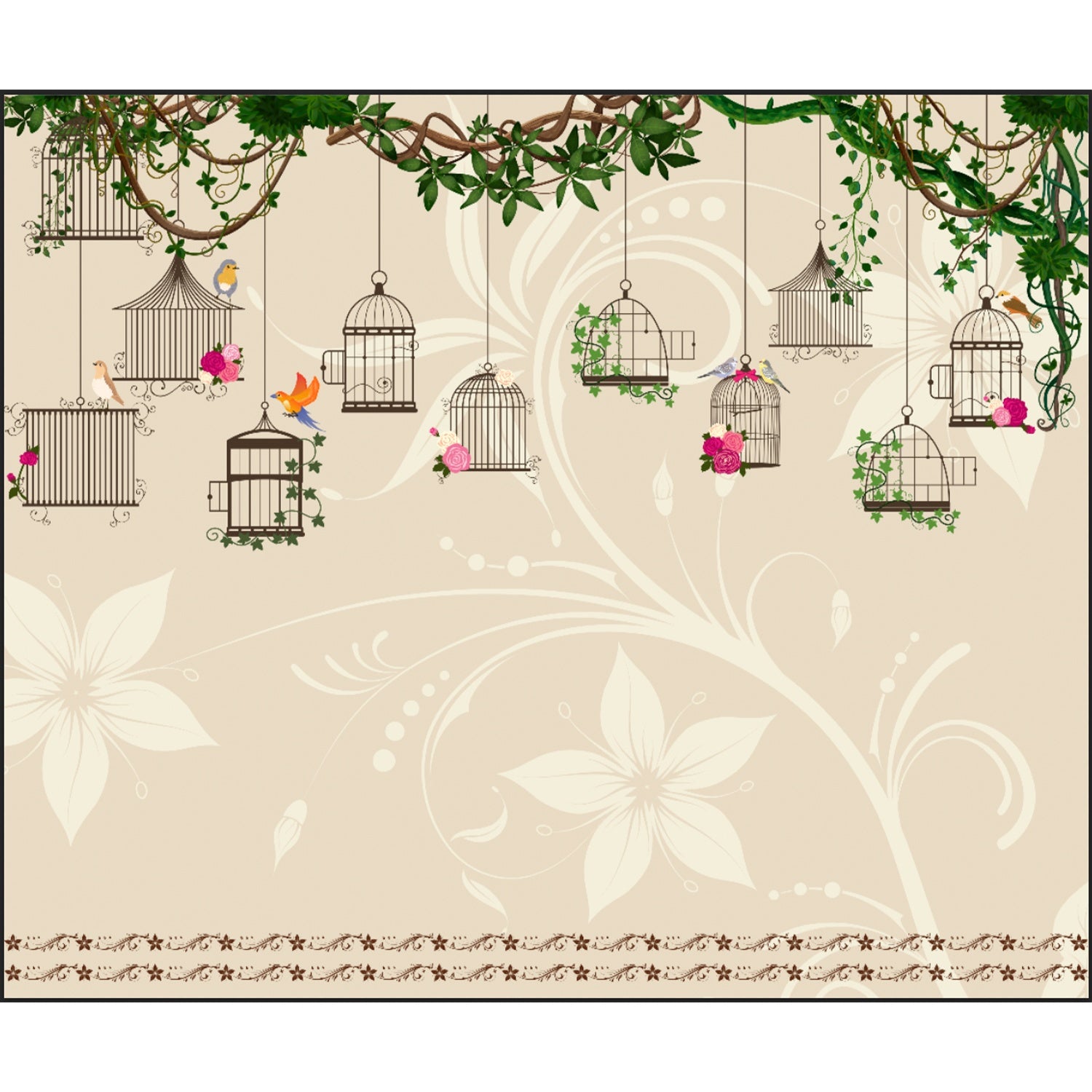 "Whimsical birdcage and floral design in lea - "hotels and cafes" wallpaper mural-equal final"