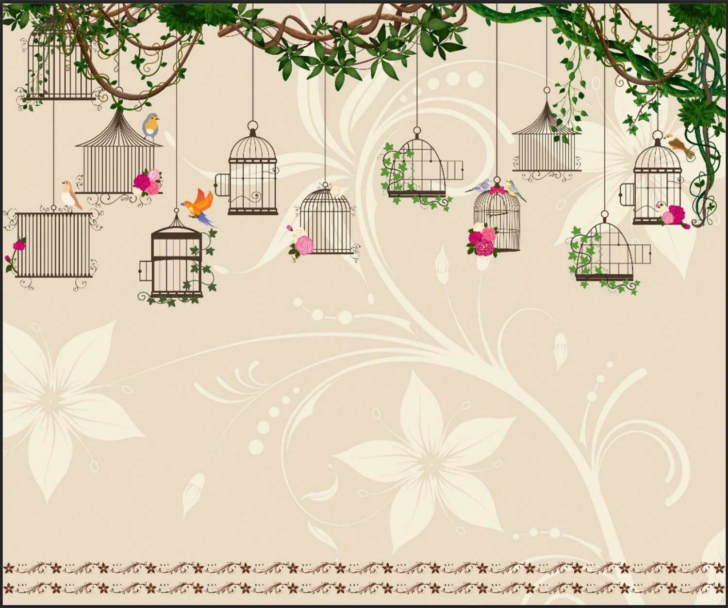 "Enchanted garden birdcage design in lea - "hotels and cafes" wallpaper mural-inequal final"
