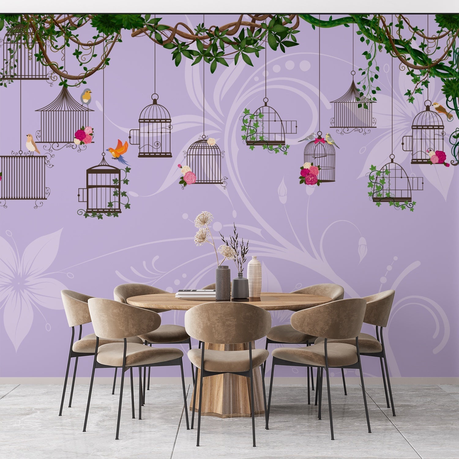 Vintage birdcages with colorful birds and climbing vines on beige botanical background - view 7 - final