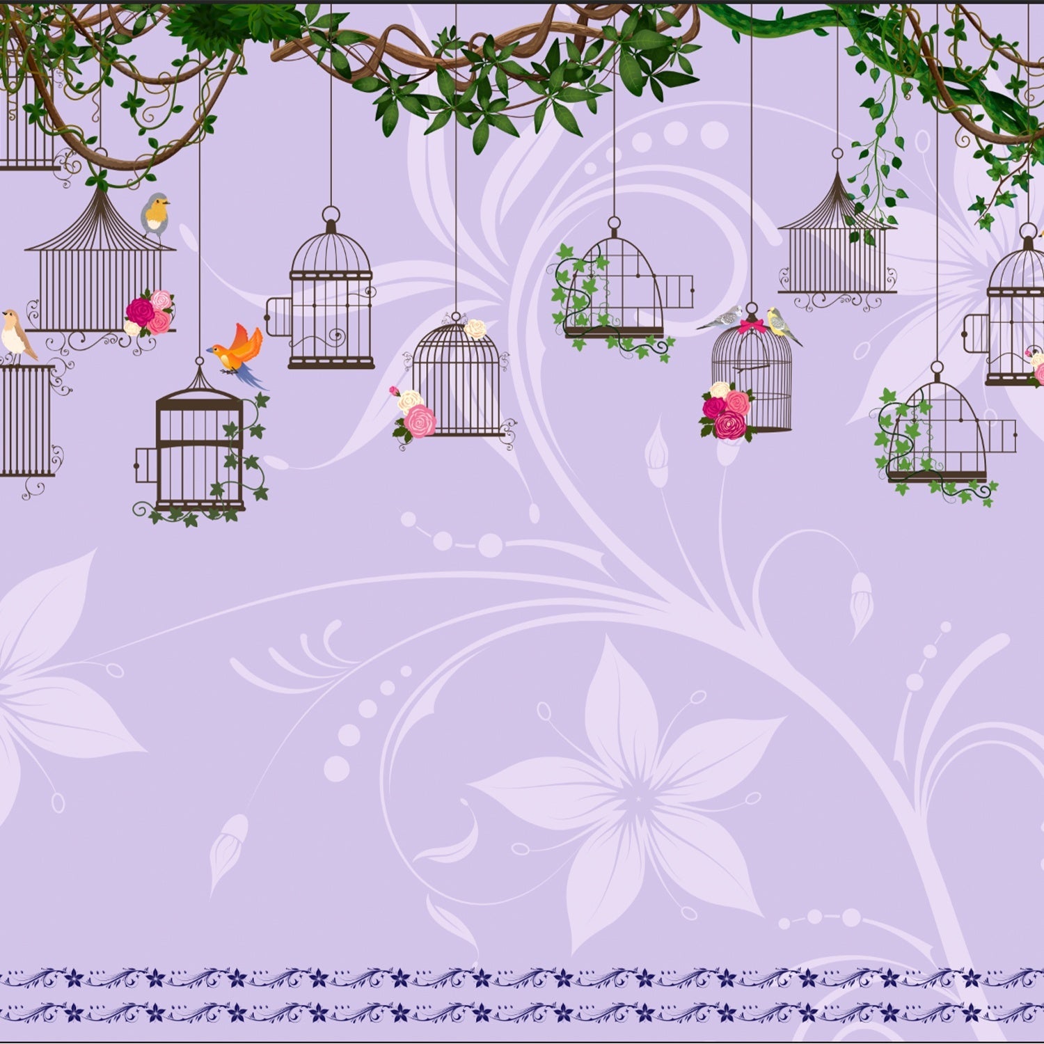Vintage birdcages with colorful birds and climbing vines on beige botanical background - view 8 - final