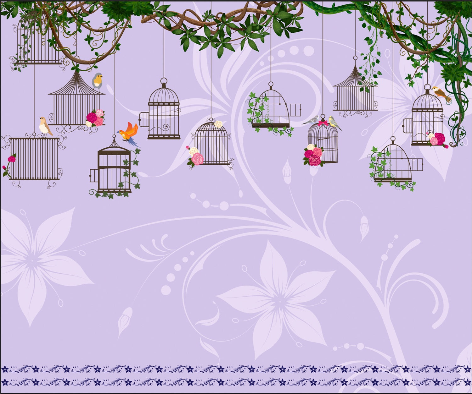 "Enchanted garden birdcage design in lea - "hotels and cafes" wallpaper mural-inequal final"