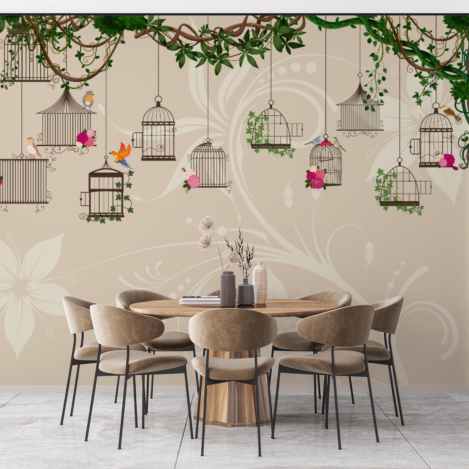 Vintage birdcages with colorful birds and climbing vines on beige botanical background - final dining-room