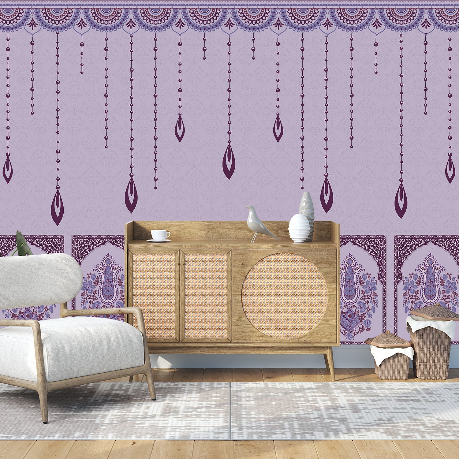 Ornate hanging beaded border with emerald leaf pendants in traditional Mughal architectural style - view 11 - final