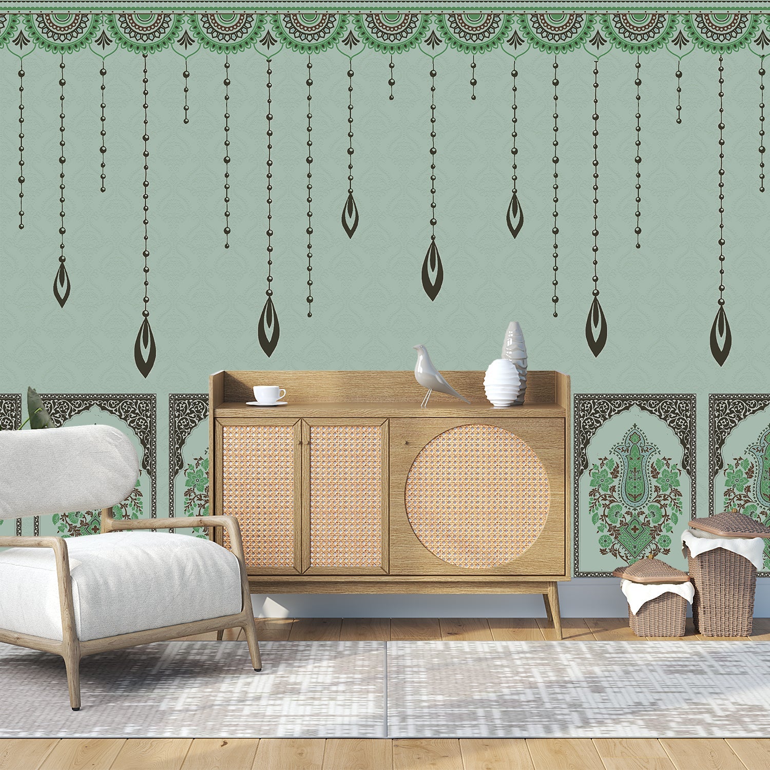 Ornate hanging beaded border with emerald leaf pendants in traditional Mughal architectural style - view 15 - final