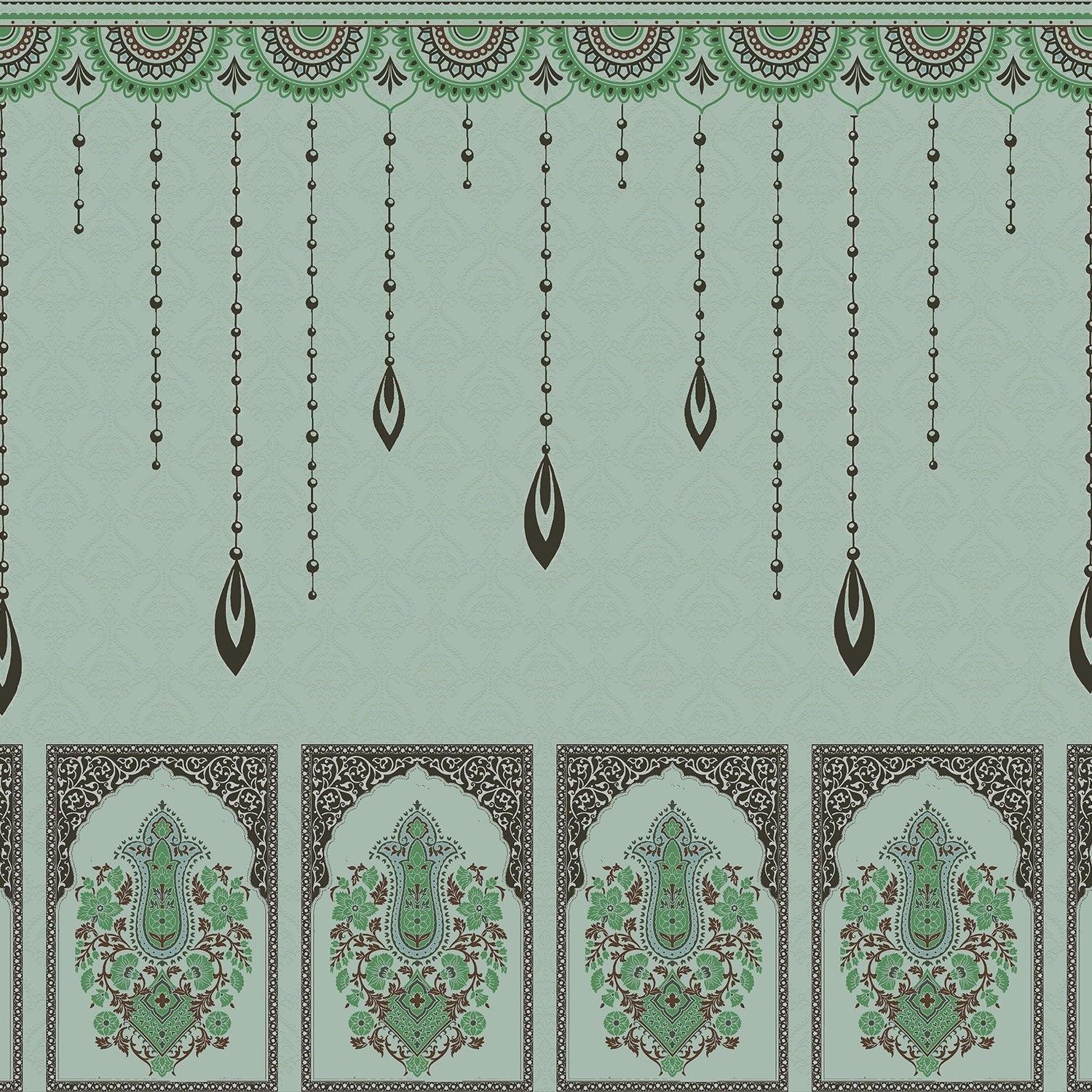 Ornate hanging beaded border with emerald leaf pendants in traditional Mughal architectural style - view 16 - final