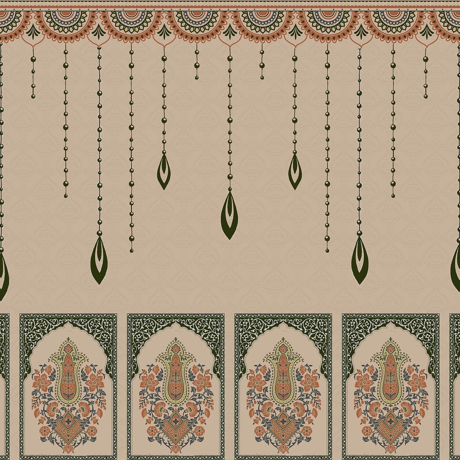 Ornate hanging beaded border with emerald leaf pendants in traditional Mughal architectural style - view 2 - final