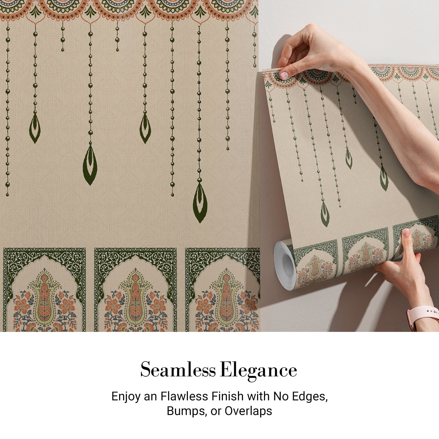 Ornate hanging beaded border with emerald leaf pendants in traditional Mughal architectural style - view 3 - final