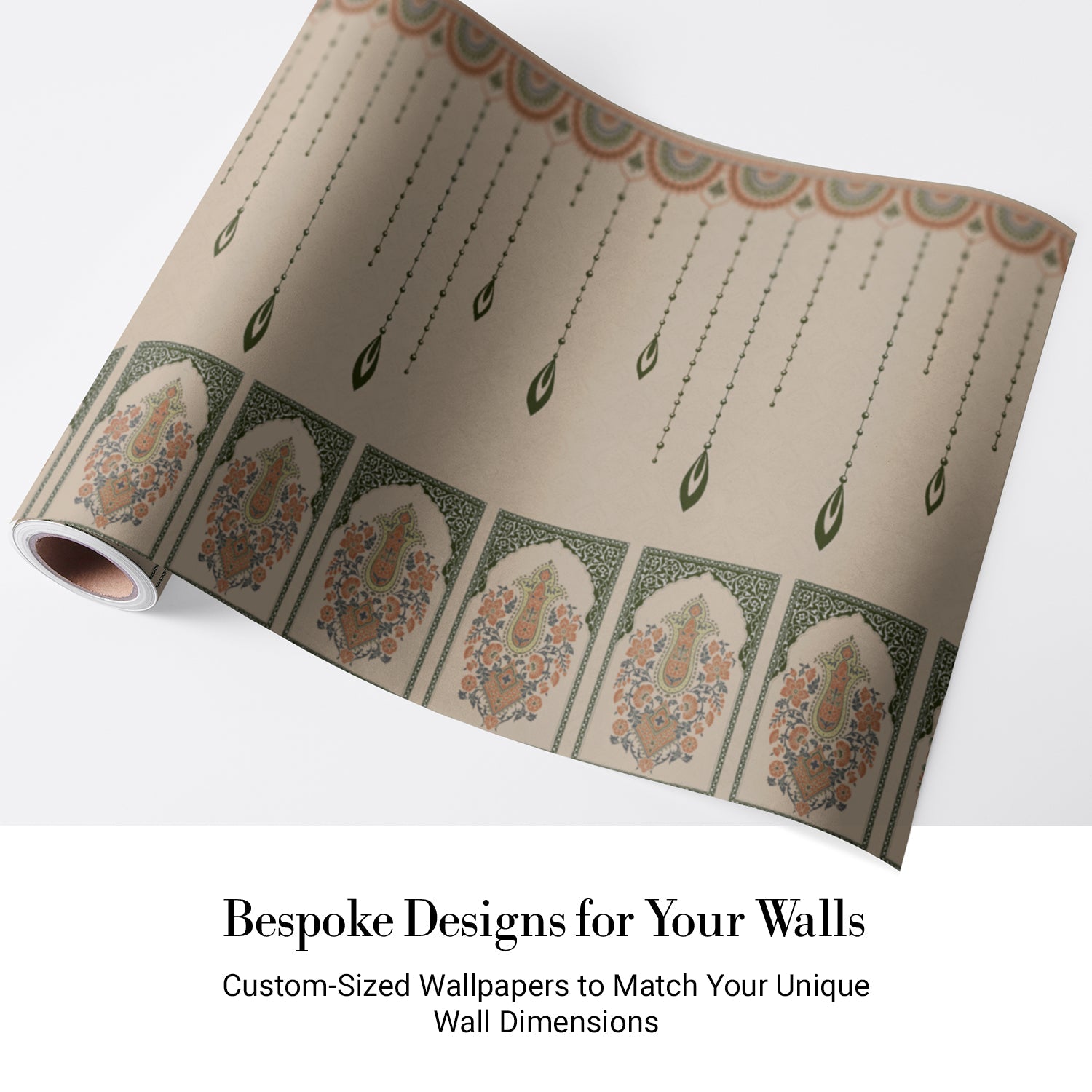 Ornate hanging beaded border with emerald leaf pendants in traditional Mughal architectural style - view 4 - final