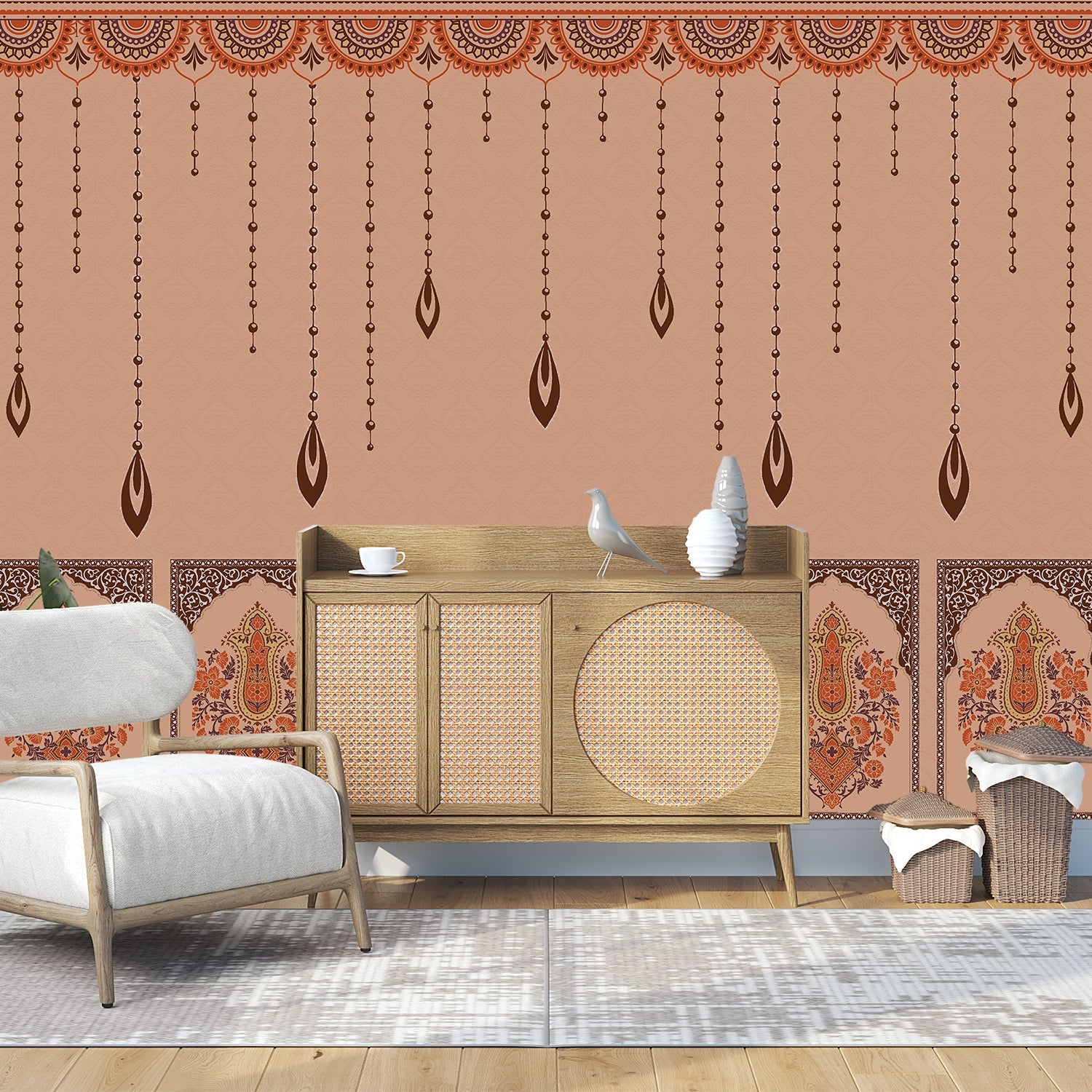 Ornate hanging beaded border with emerald leaf pendants in traditional Mughal architectural style - view 7 - final