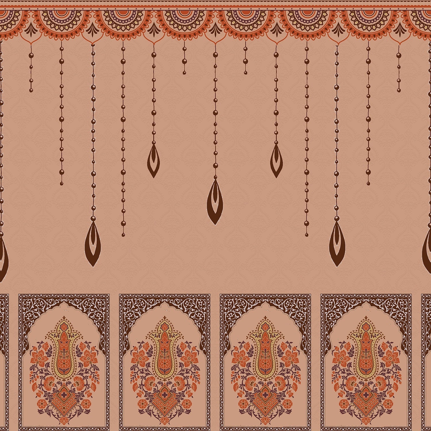 Ornate hanging beaded border with emerald leaf pendants in traditional Mughal architectural style - view 8 - final