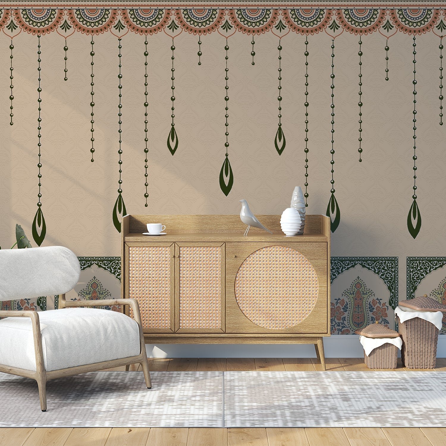 Ornate hanging beaded border with emerald leaf pendants in traditional Mughal architectural style - final hobby-room