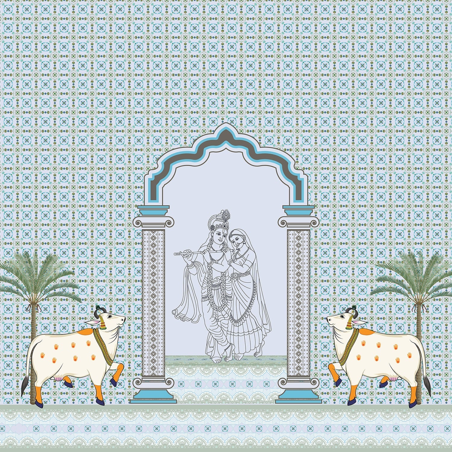 Traditional Indian arch with geometric lattice background and tropical plants in modern setting - view 10 - final