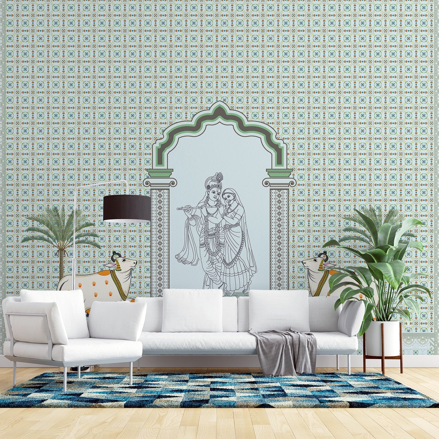 Traditional Indian arch with geometric lattice background and tropical plants in modern setting - view 11 - final