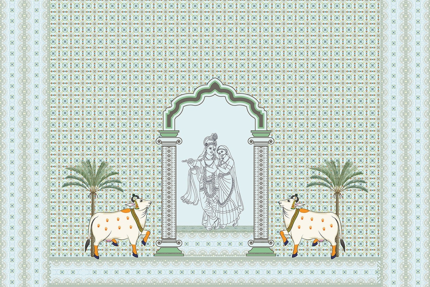 "Divine Radha and Krishna lea - patterns wallpaper mural-inequal final"