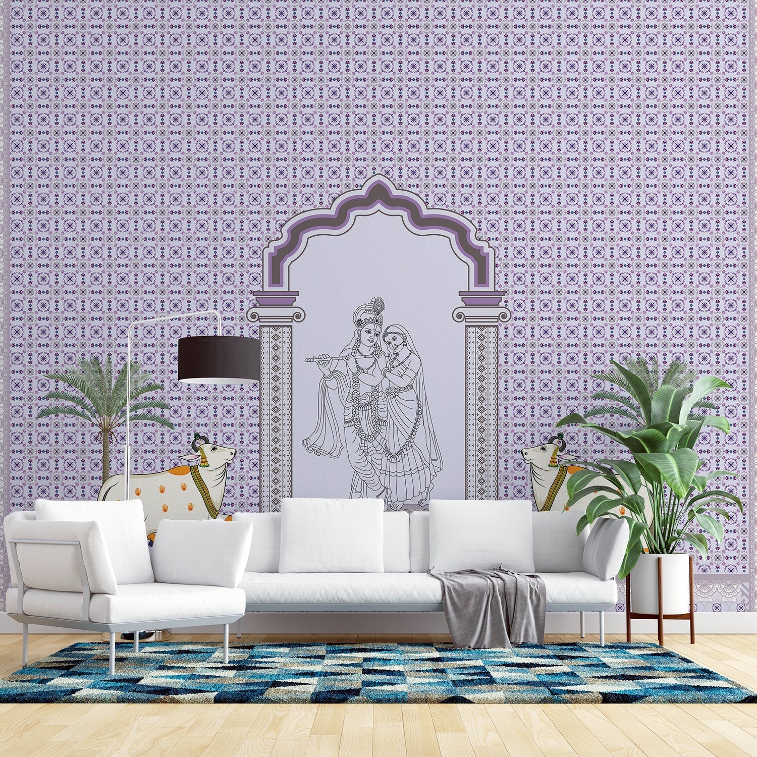 Traditional Indian arch with geometric lattice background and tropical plants in modern setting - view 14 - final